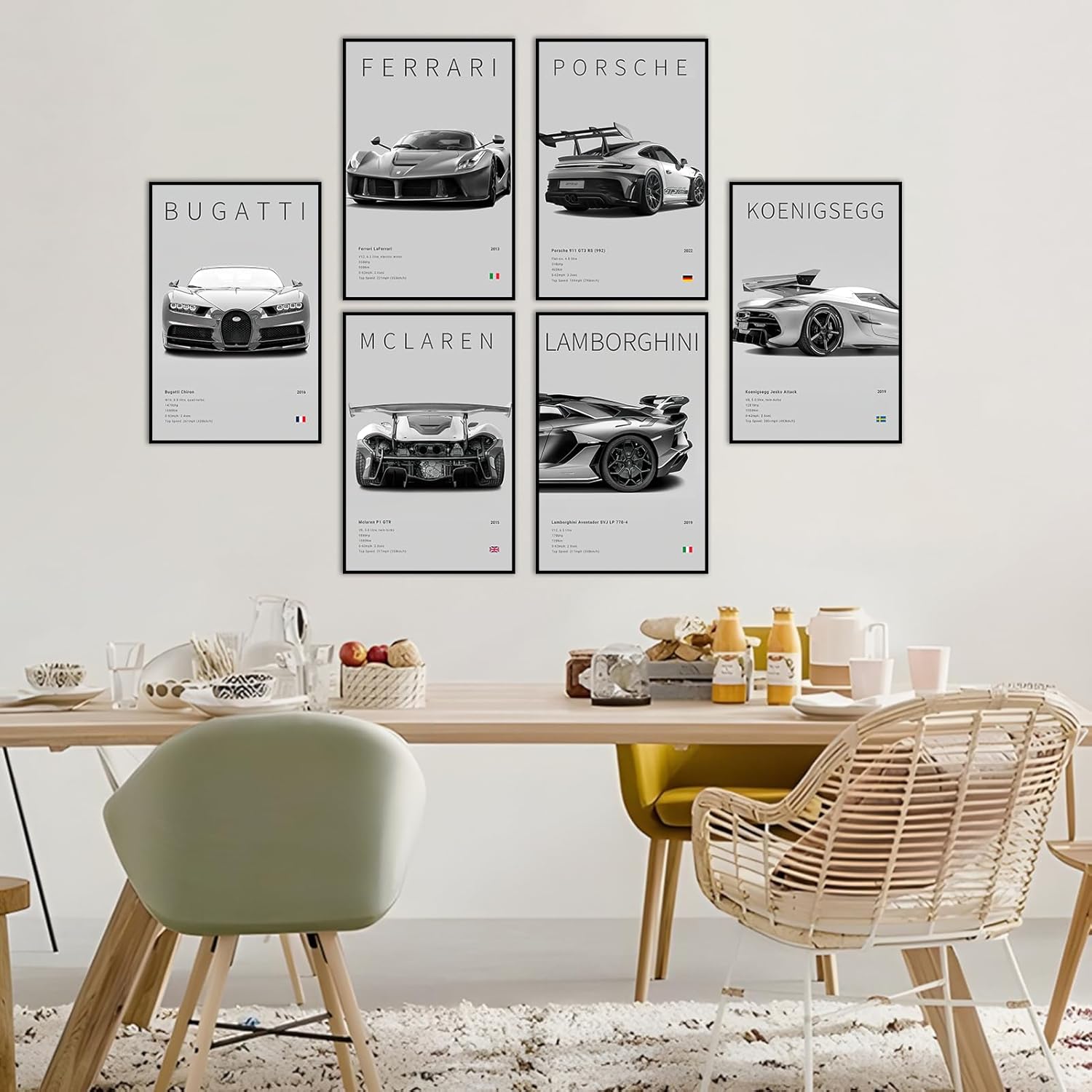 Póster de automóvil en lienzo para pared, juego de impresiones clásicas modernas de superauto, 911 Ferrari Lamborghini McLaren Bugatti Koenigsegg