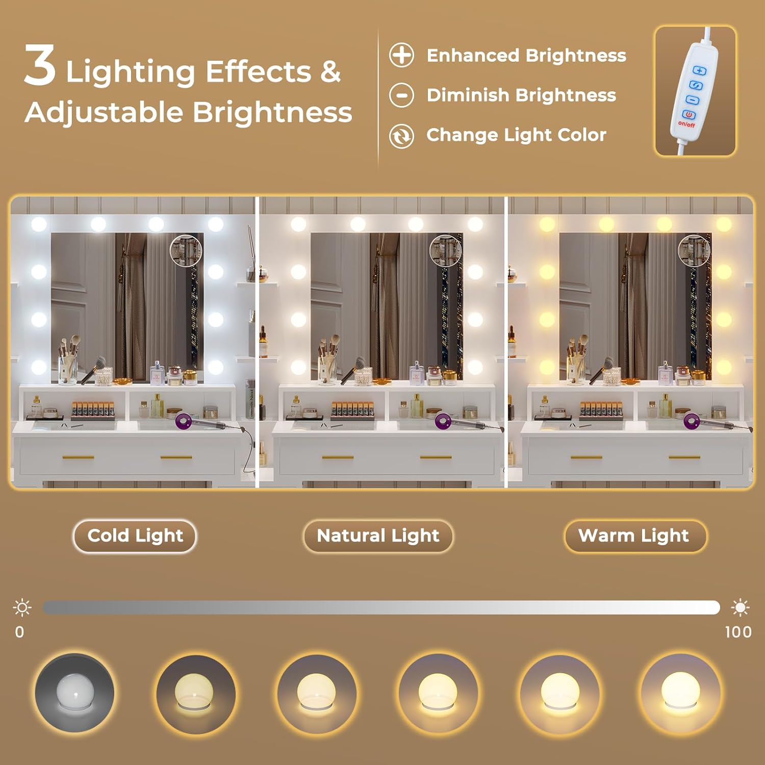 BTHFST Escritorio de tocador de cristal con espejo y luces, tocador de maquillaje con luces, estación de carga y espejo de aumento de 10x, mesa de