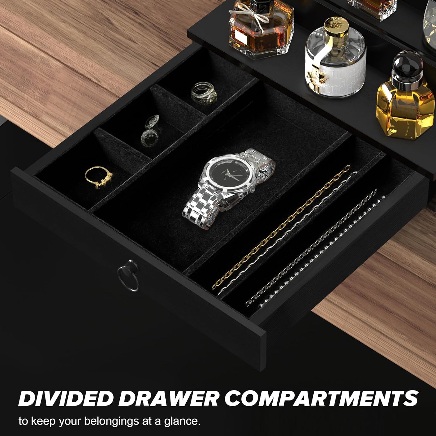 upcessory Organizador de colonia para hombres, organizador de perfume de madera de 4 niveles con cajón de forro de fieltro y compartimento oculto,