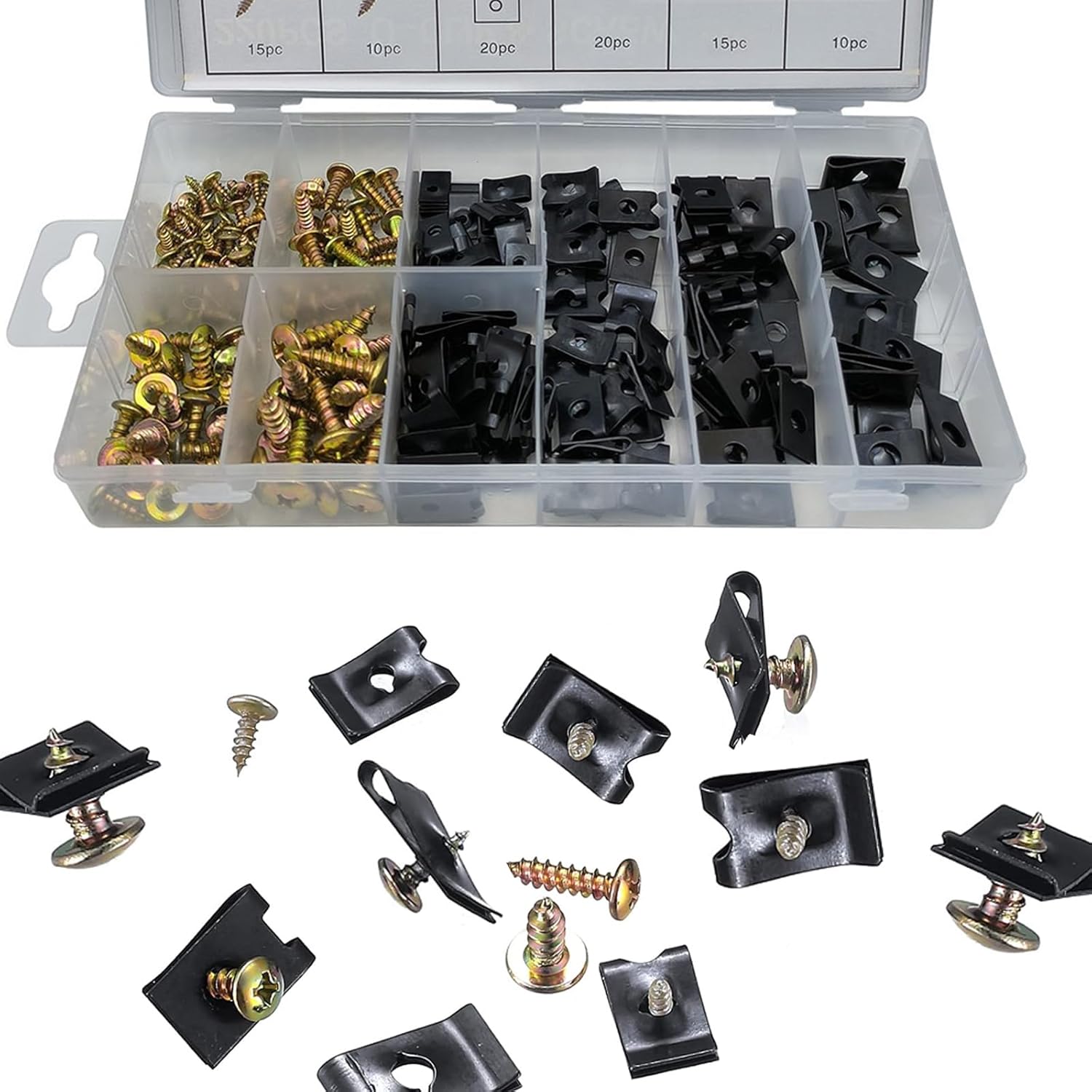 Juego surtido de 170 tornillos para automóvil, 9 tamaños diferentes de piezas de repuesto de clip de tornillo de tuercas en U, panel decorativo de