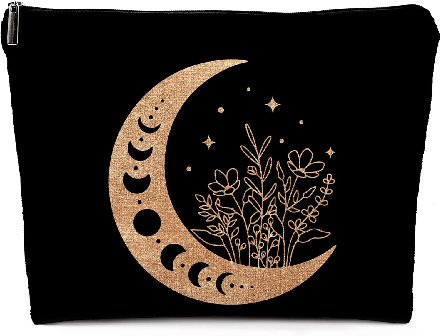 Dwept Bolsa de maquillaje bohemio floral celestial con fase lunar, luna creciente mística, de lino, bolsa de aseo de viaje, bolsa de cosméticos de