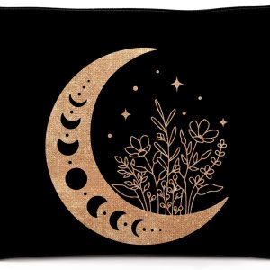 Dwept Bolsa de maquillaje bohemio floral celestial con fase lunar, luna creciente mística, de lino, bolsa de aseo de viaje, bolsa de cosméticos de Dwept Bolsa de maquillaje bohemio floral celestial con fase lunar, luna creciente mística, de lino, bolsa de aseo de viaje, bolsa de cosméticos de