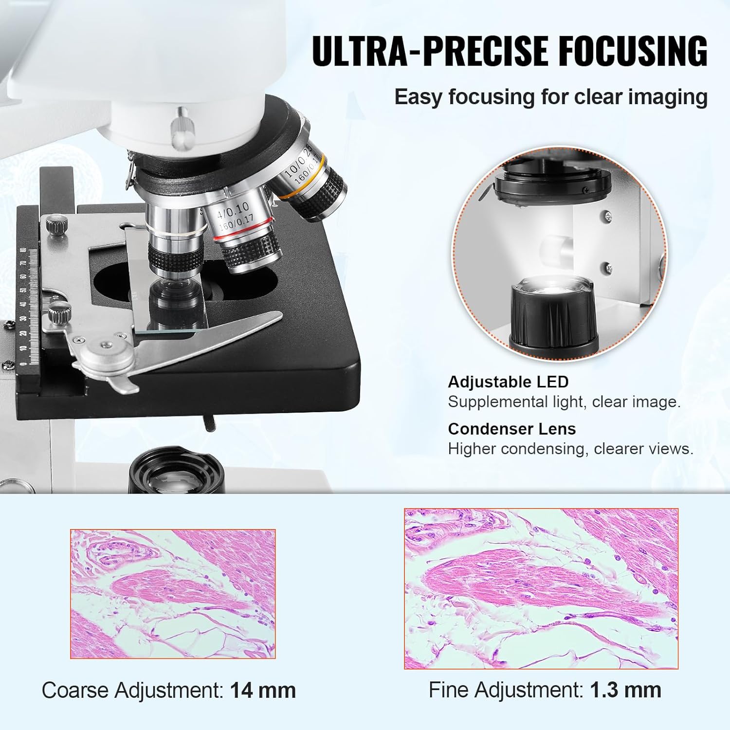 VEVOR Microscopio compuesto binocular, aumento 40X-2500X, microscopio binocular para adultos con iluminación LED, incluye soporte para teléfono y