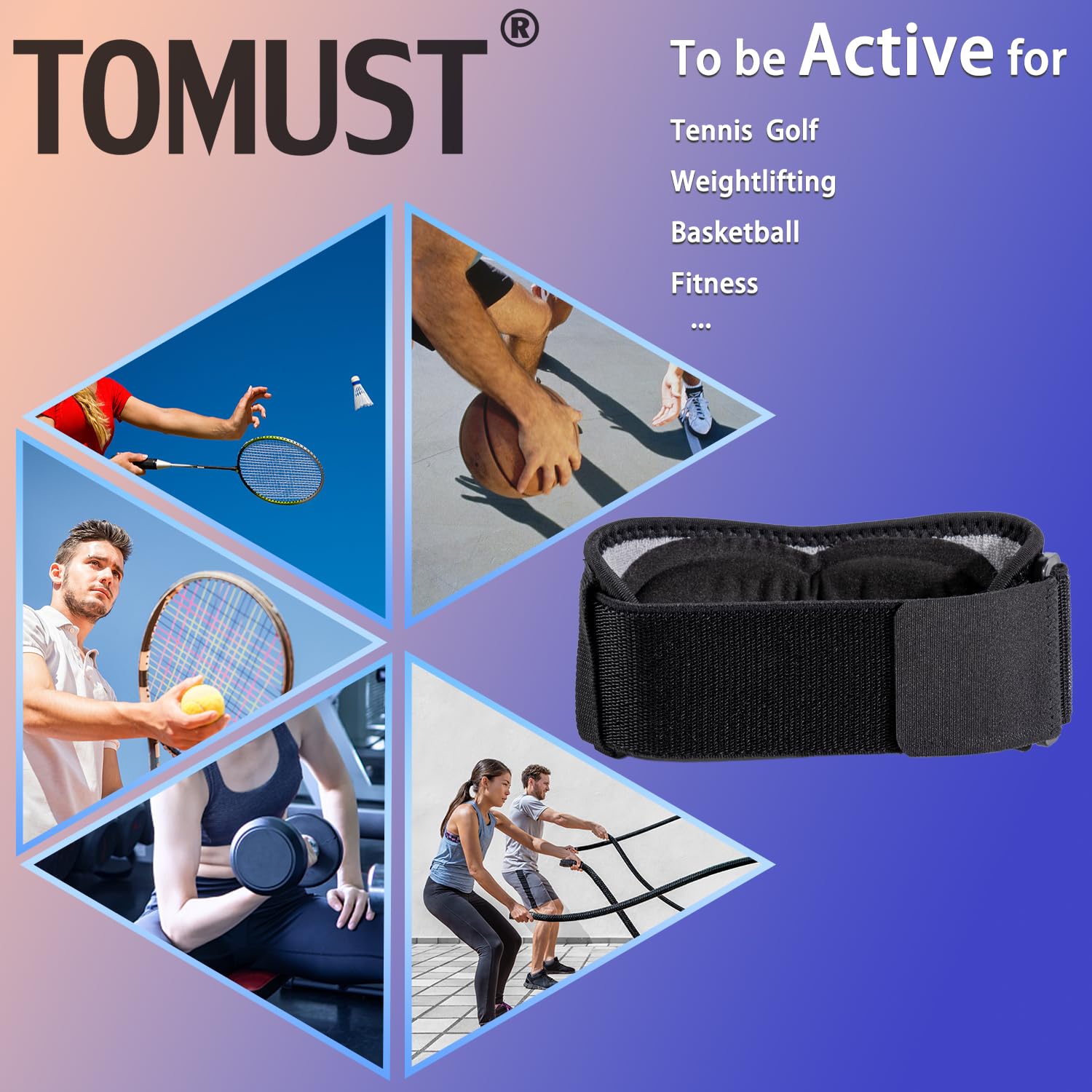 TOMUST Codera de tenis  Banda de apoyo ajustable para antebrazo con almohadilla de compresión de gel, correa para el codo para bursitis, golfistas,