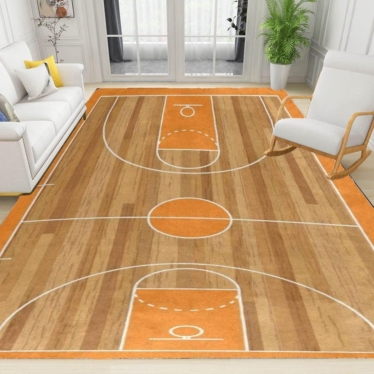 Alfombras de baloncesto para niños, diseño geométrico de líneas blancas y naranjas, alfombra para dormitorio, suave, lavable a máquina, duradera,