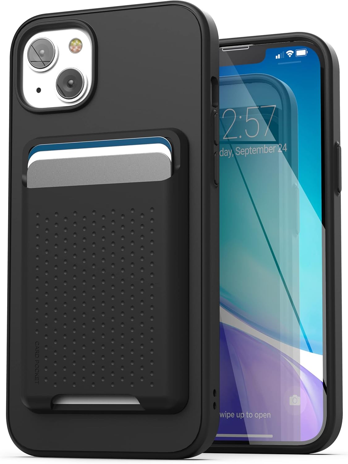 Encased Juego de funda 3 en 1 para iPhone 14 Plus con tarjetero y protector de pantalla (compatible con MagSafe), color negro