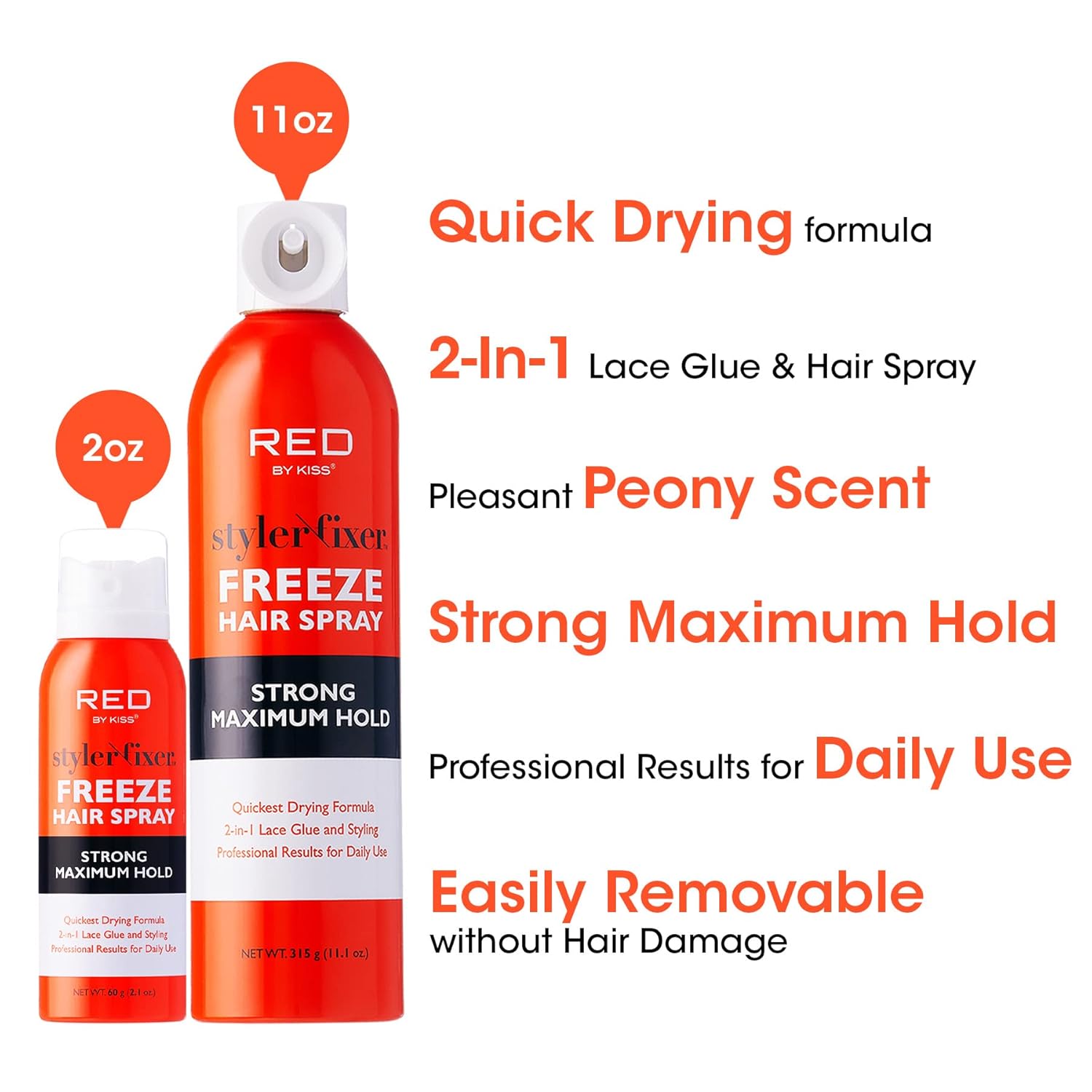 Red by Kiss Styler Fixer Freeze Spray para el cabello Fuerte Máxima Hold 2 en 1 Pegamento de encaje y peinado 11oz