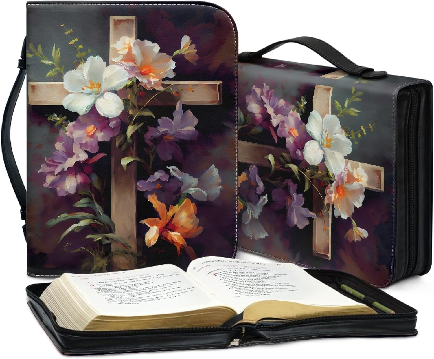 ZOCAVIA Funda de cuero para la Biblia con diseño cruzado para mujer, funda de transporte de la Biblia con asa y bolsillos con cremallera, fundas