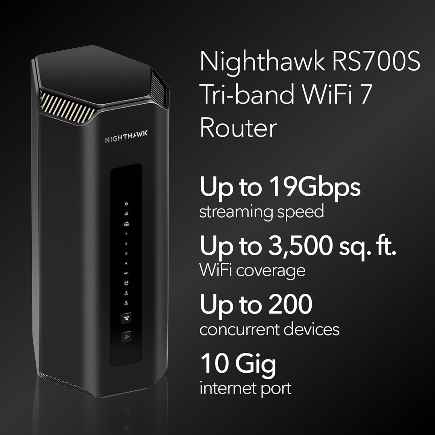 NETGEAR Nighthawk Router WiFi 7 Tri-Band (RS700S) Router para juegos con puerto de 10 GB – Velocidad inalámbrica BE19000 (hasta 19 Gbps) – Cobertura