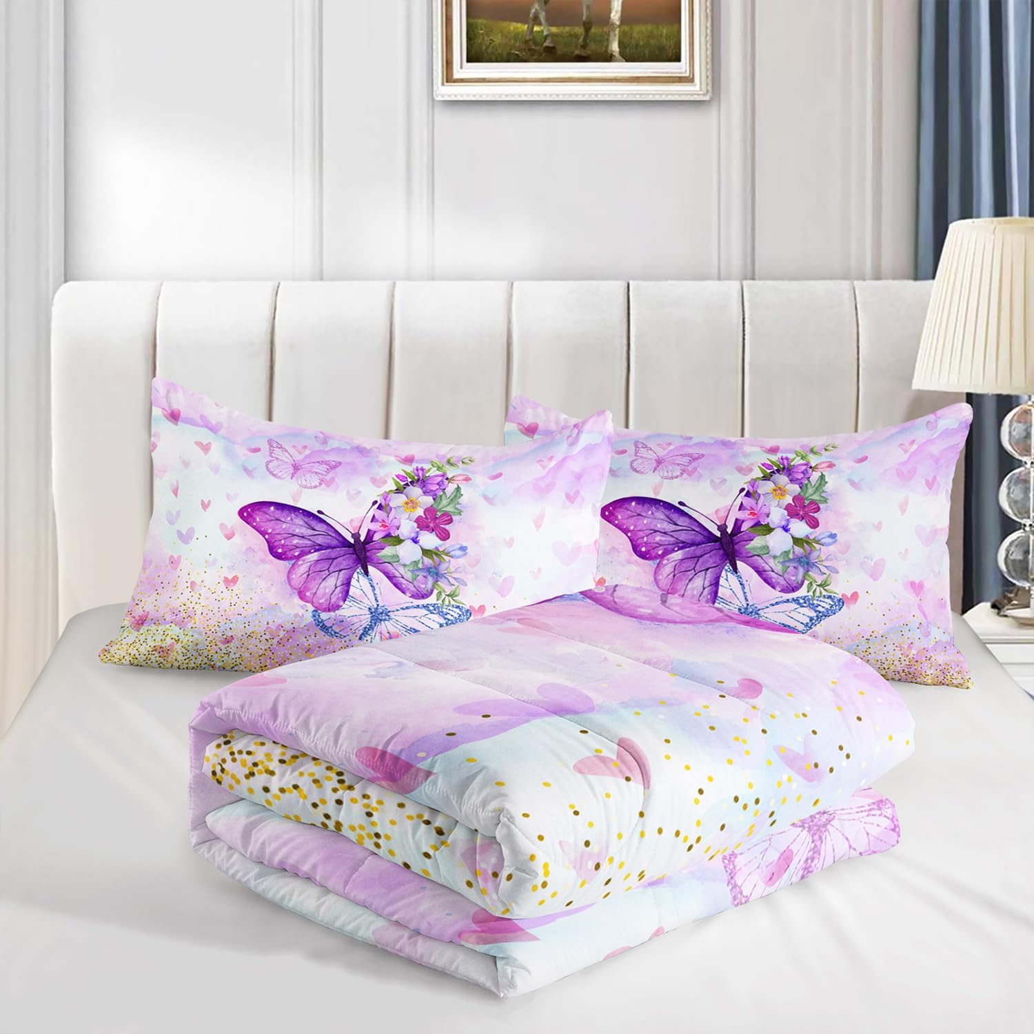 CVHOUSE Hermoso juego de edredón de mariposa, tamaño individual, juego de ropa de cama de flores en flor y mariposa voladora, juego de edredón suave
