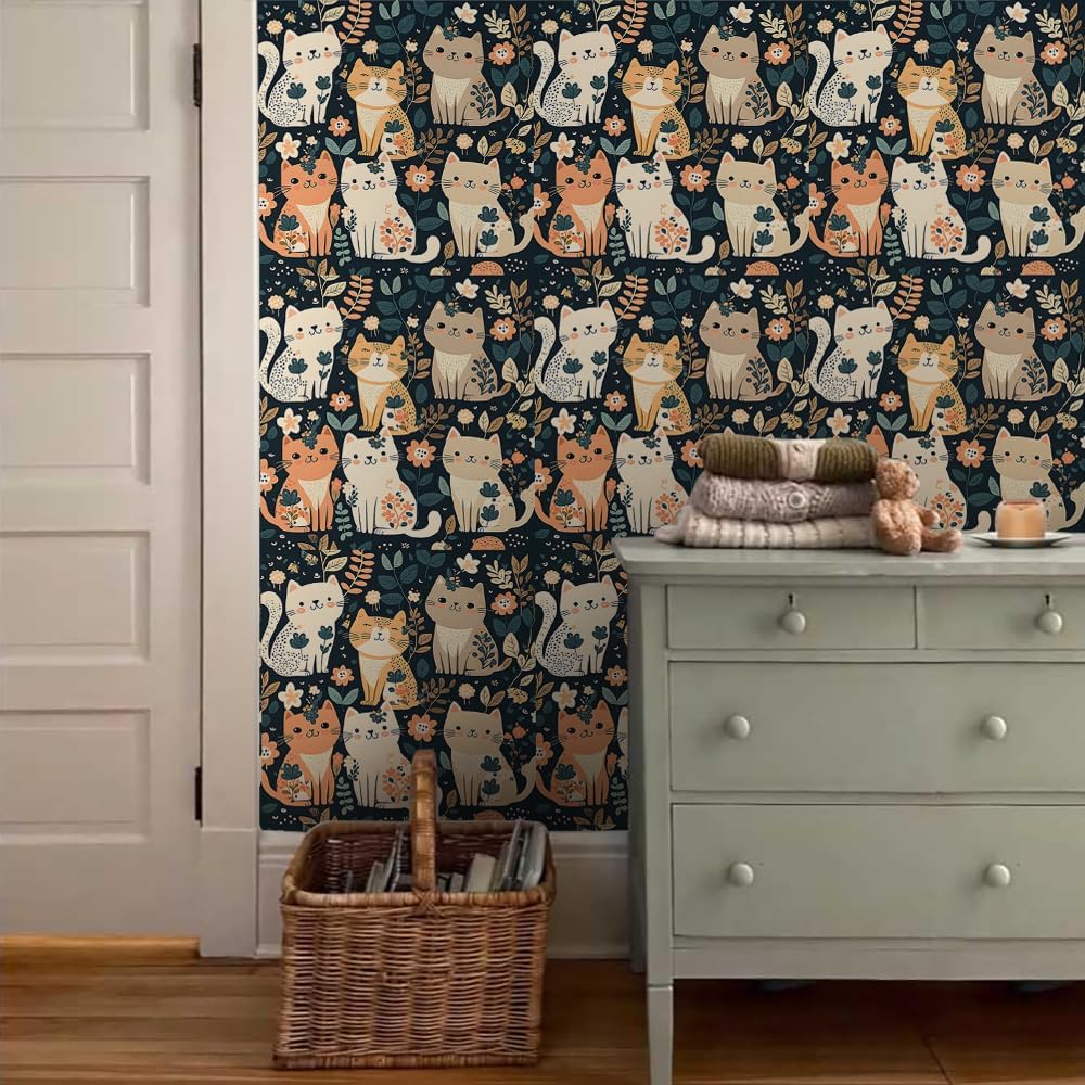 Papel tapiz autoadhesivo de 18 x 236 pulgadas, diseño de gatos lindos de dibujos animados, color marrón y verde azulado, papel de contacto extraíble