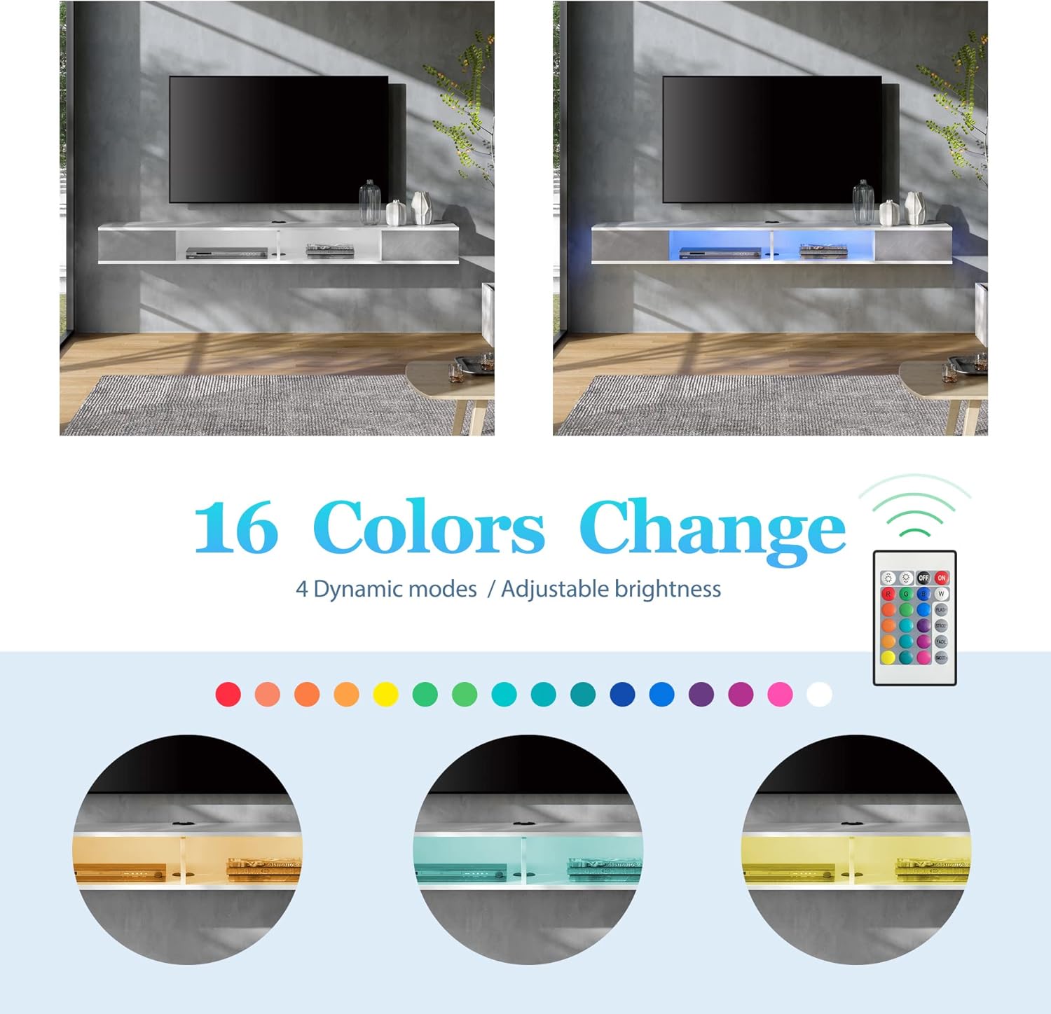 WAMPAT Soporte flotante para TV con 16 luces RGB, centro de entretenimiento flotante de 70 pulgadas de hasta 80 pulgadas, montado en la pared debajo