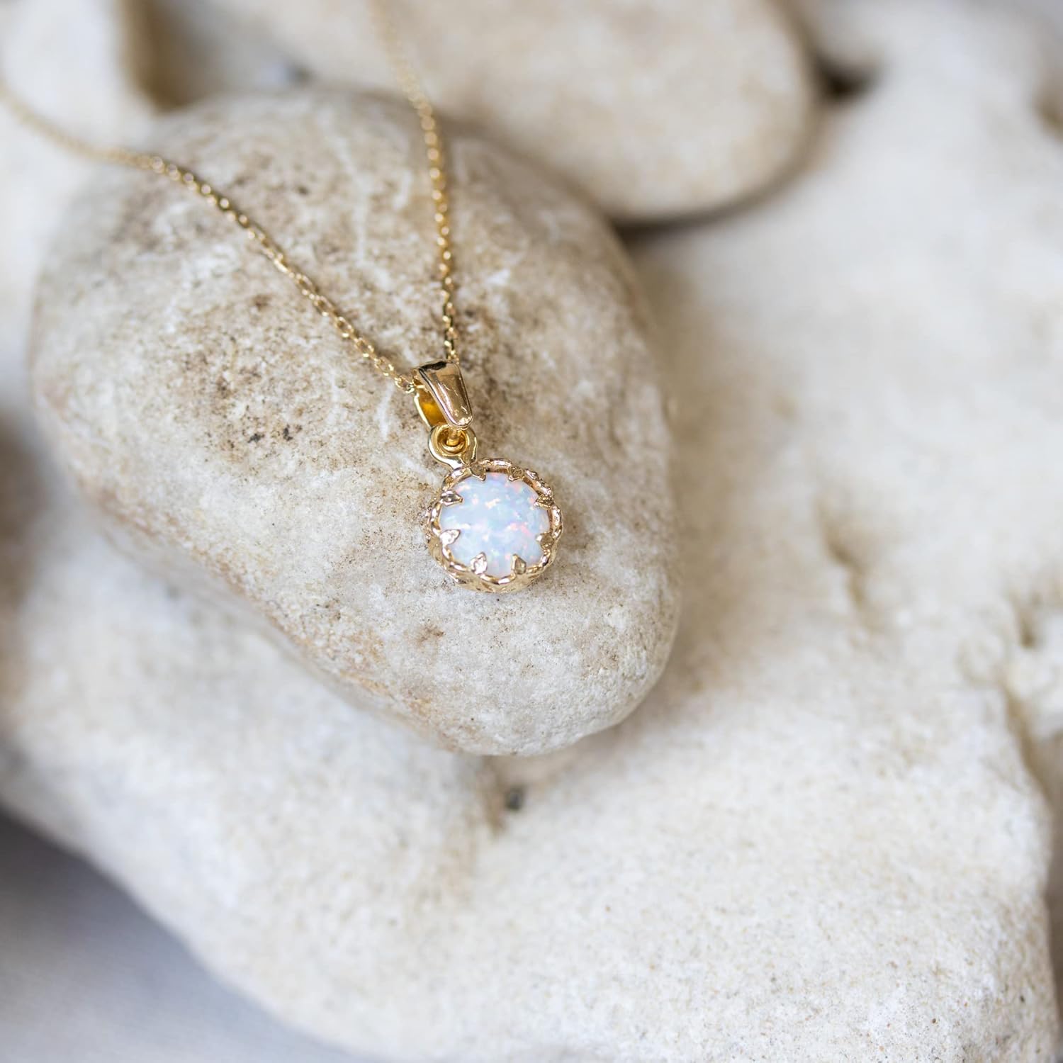 White Opal Pendant Necklace for Women in 14k Yellow Gold Plated on 925 Sterling Silver – October Birthstone 8mm Round Cut Gemstone – Vintage