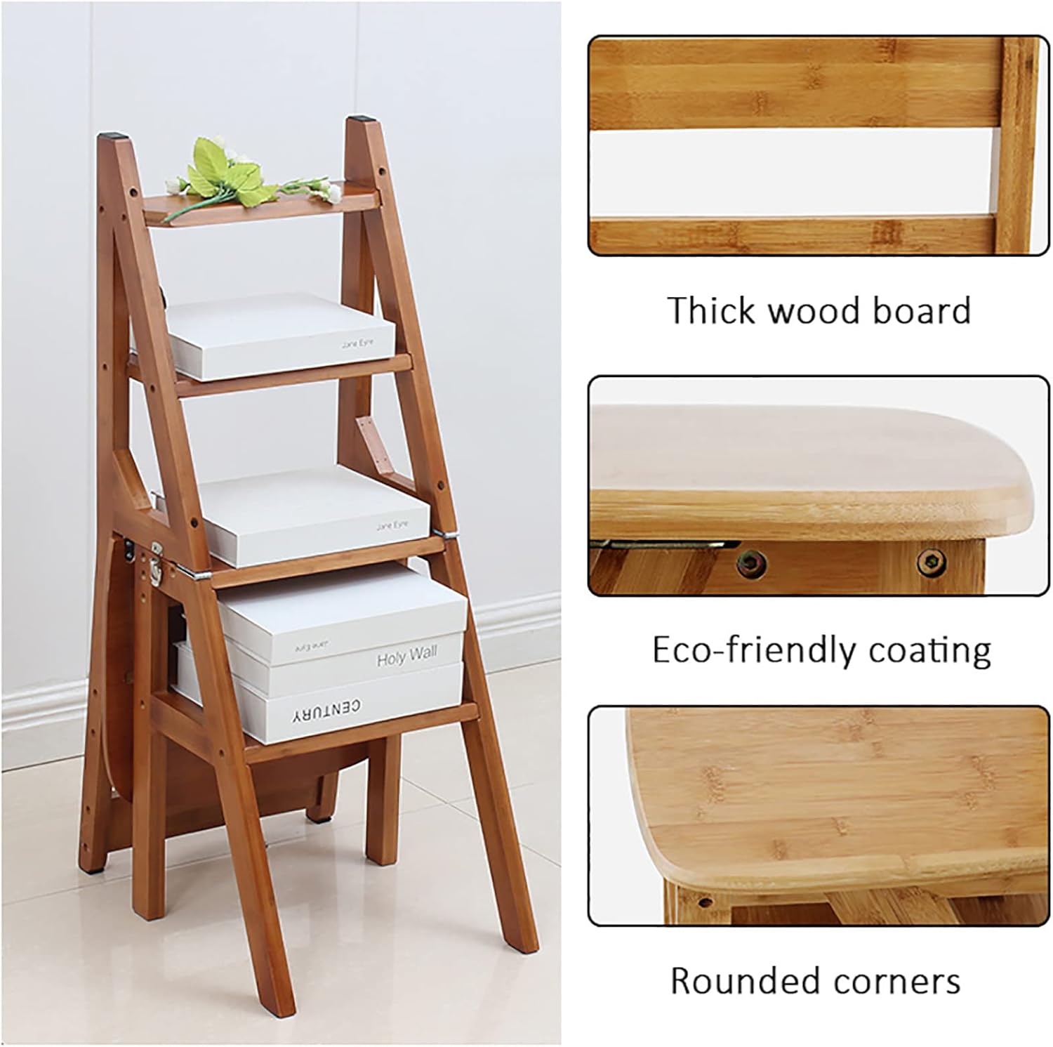 Silla plegable de madera maciza, escalera de biblioteca portátil de 4 escalones, silla plegable convertible para adultos, oficina, hogar, cocina al