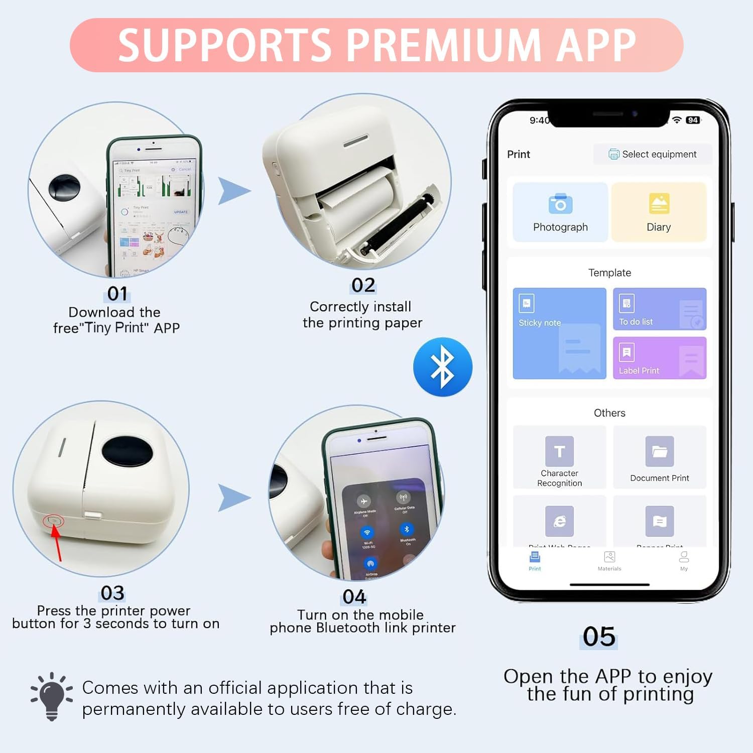 Mini impresora adhesiva  Impresora térmica Bluetooth portátil con 5 lápices de colores + 3 rollos de papel, sin aplicaciones, impresora de teléfono