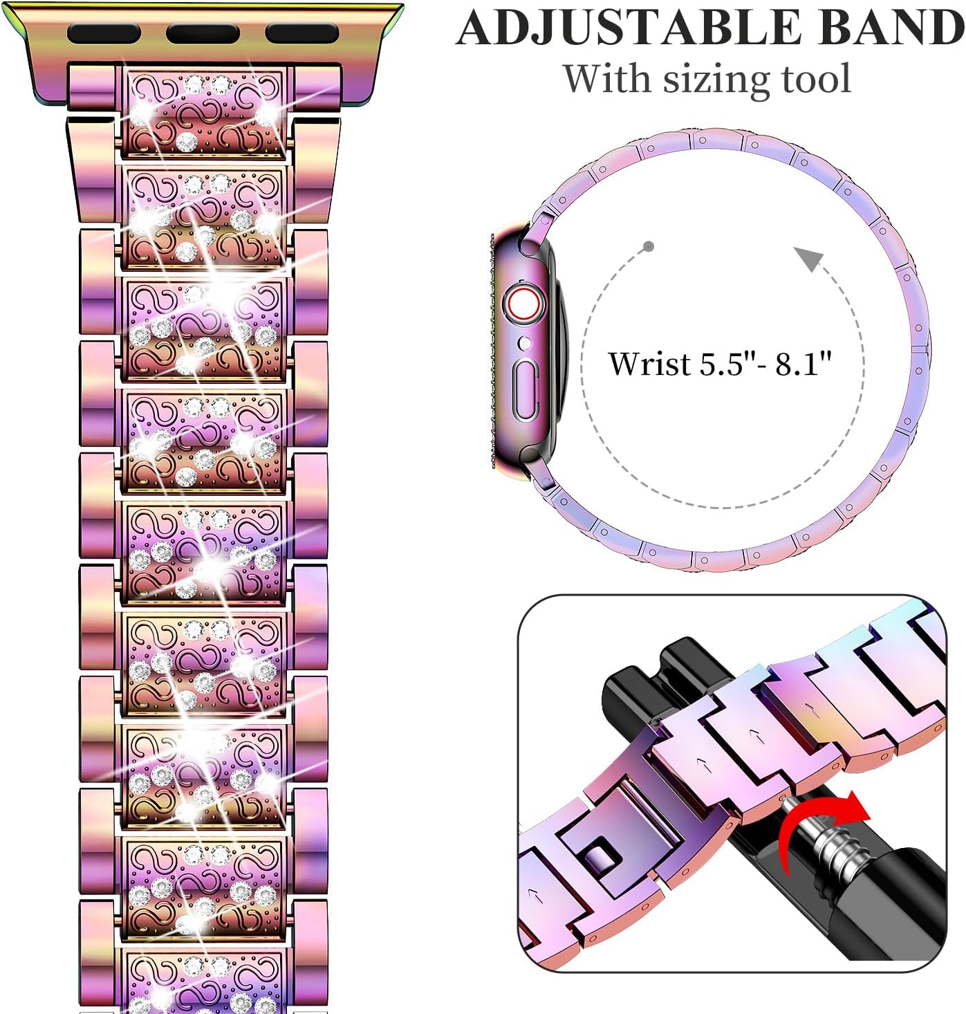 SUPOIX Compatible con Apple Watch Band de 1.92 pulgadas + funda, correa de metal con diamantes brillantes para mujer y paquete de 2 fundas