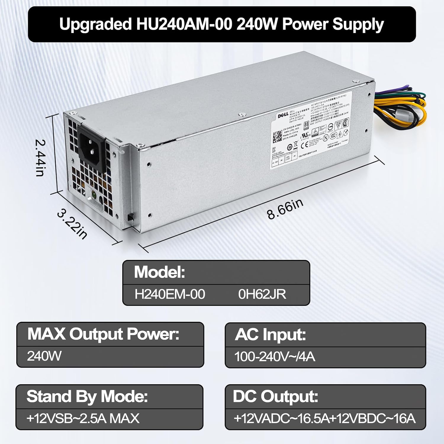 Fuente de alimentación actualizada de 240 W para Dell Inspiron 3650 3656 Optiplex 3040 5040 7040 SFF HU240AM-00 AC240EM-00 L240NM-00 PN THRJK 04GTN5