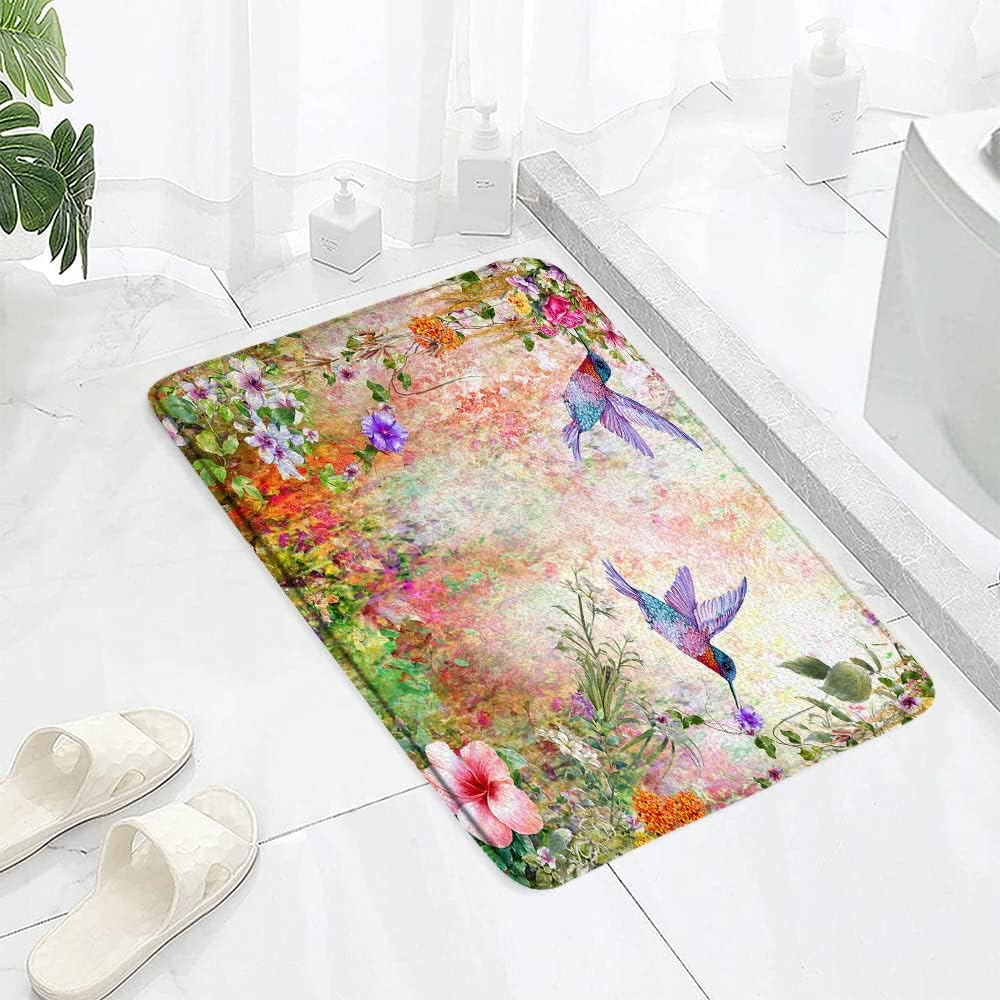 Alfombra de baño floral de colibrí, colorida casa de campo, flores, verano, plantas tropicales, fantasía, jardín, espuma viscoelástica, para baño,