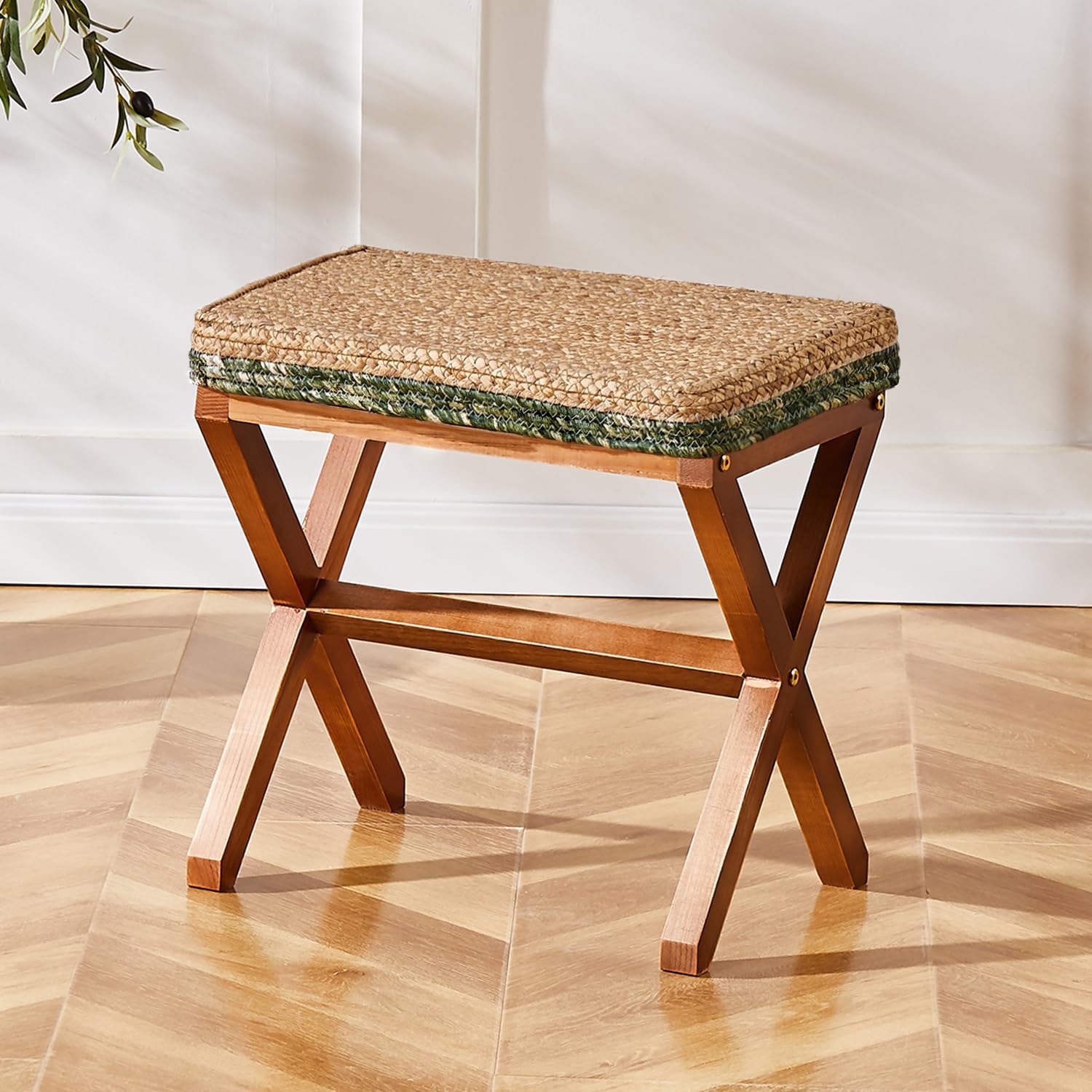 Cpintltr Reposapiés otomano de hierba marina natural, puf otomano con patas de madera, rectangular, tejido a mano, reposapiés para sala de estar,