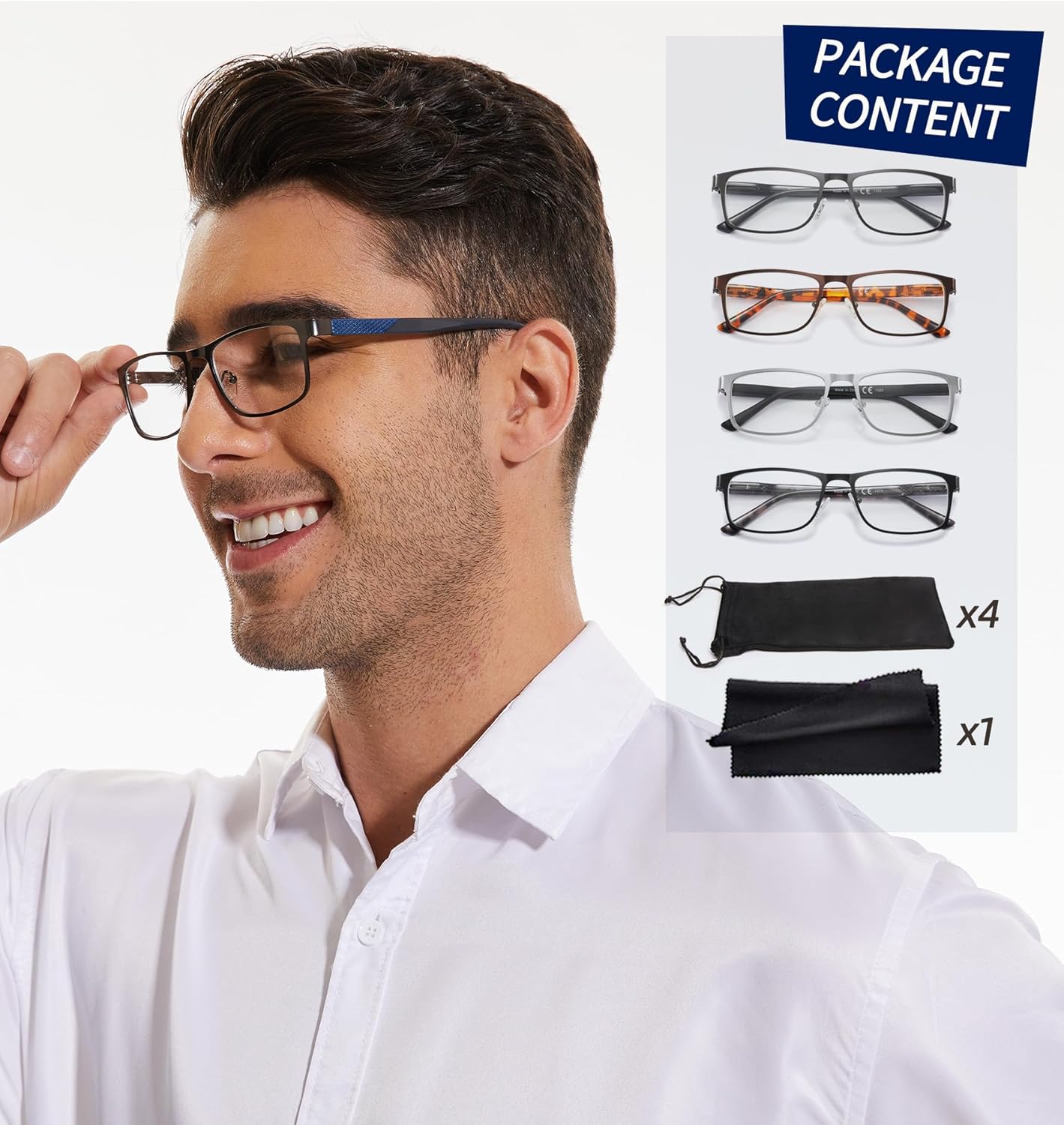 JJWELL Paquete de 4 lentes de lectura para hombres, bloqueo de luz azul, lectores de marco completo de metal para hombres, antifatiga ocular,