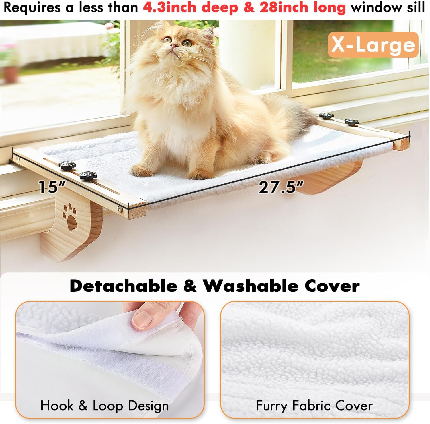 AMOSIJOY Percha para ventana de gato resistente con marco de madera y metal para gatos grandes, cama para gatos grandes fácil de ajustar para