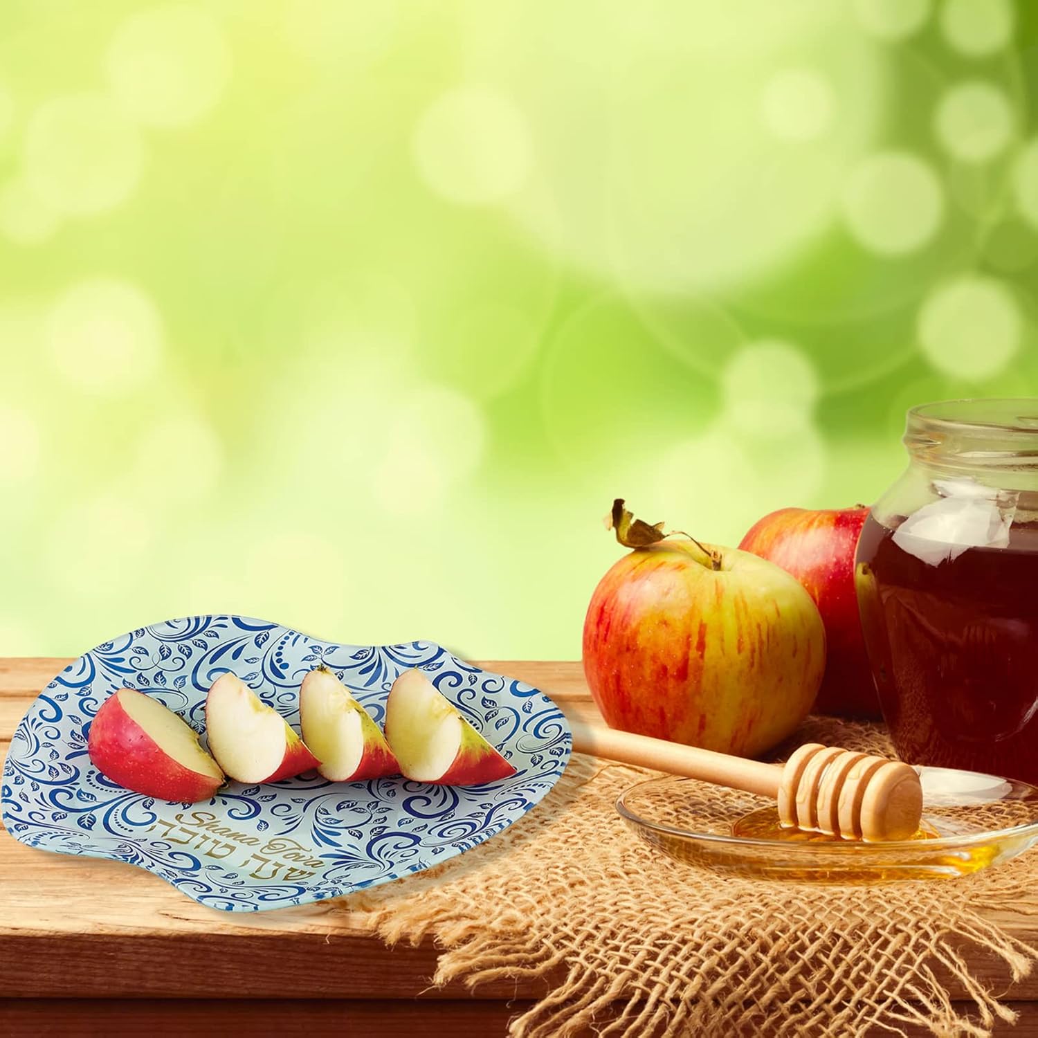 Rosh Hashanah – Plato de manzana de vidrio con azul y dorado judío de año nuevo anfitriona fiesta favores cocina servir accesorios de cocina regalos
