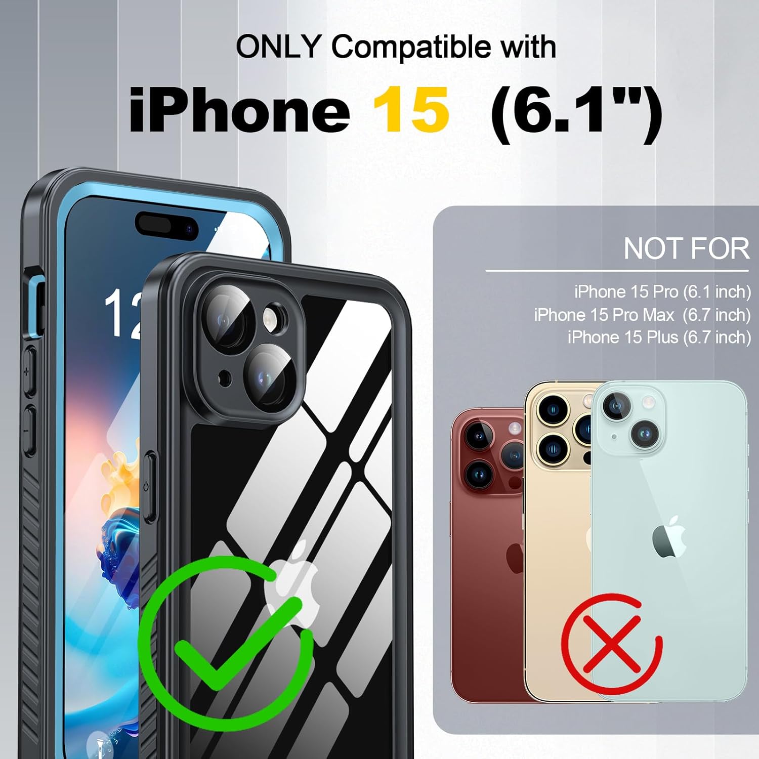 ANTSHARE Funda impermeable para iPhone 15, protector de pantalla y lente integrados 14 pies a prueba de caídas militares cuerpo completo a prueba de