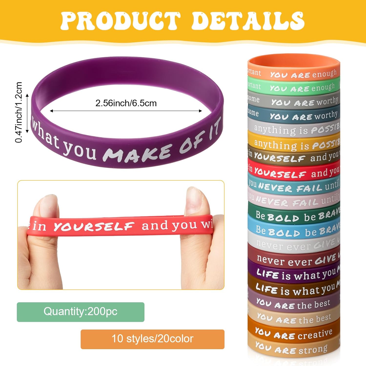 Junkin 200 pulseras motivacionales a granel, pulseras de silicona inspiradoras a granel, pulseras de goma de colores, pulseras positivas, regalos
