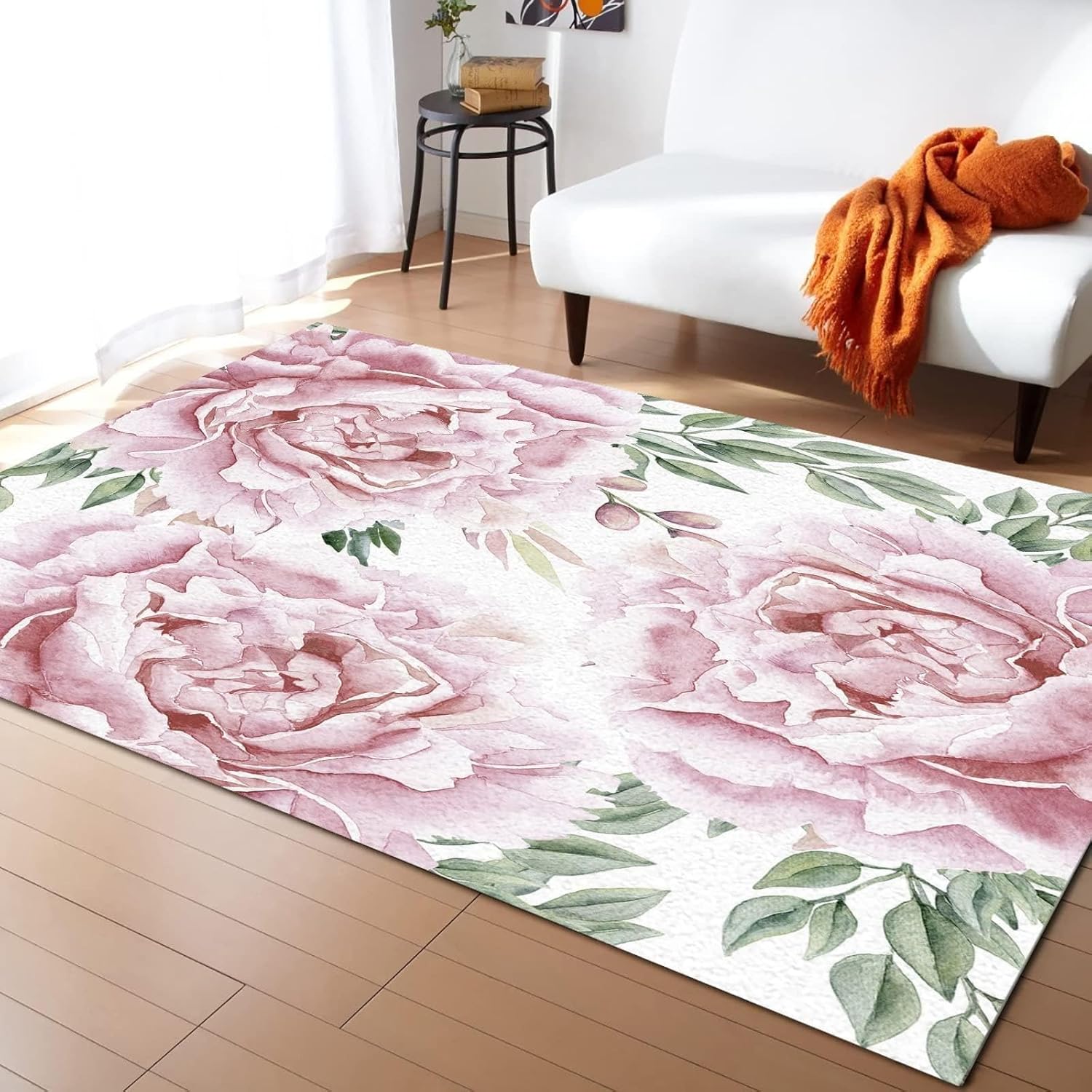 AONIGE Hermosa alfombra de dormitorio con flores de peonía rosa floreciente, moderna, minimalista y elegante, alfombra para sala de estar,