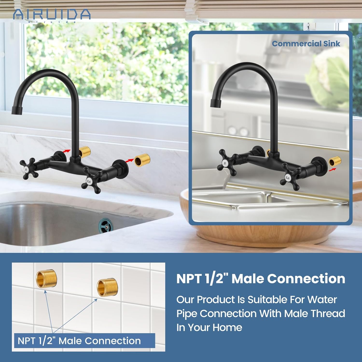 Airuida Grifo de latón negro mate de montaje en pared con doble mango y adaptador ajustable