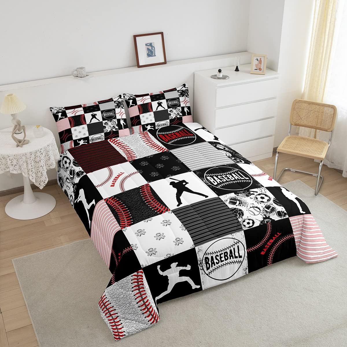 Erosebridal Juego de edredón de béisbol para niños, juego de ropa de cama de sóftbol, edredón acolchado para juegos deportivos, edredón de plumón de
