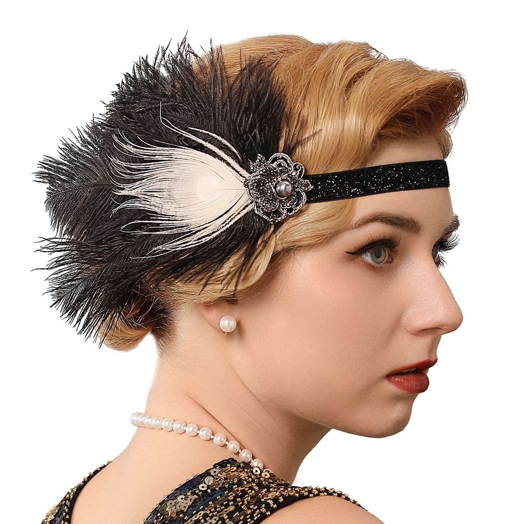 Diadema tipo flapper de los años 20, tocados de plumas negras, accesorios para la cabeza de cóctel para mujer (estilo 1)