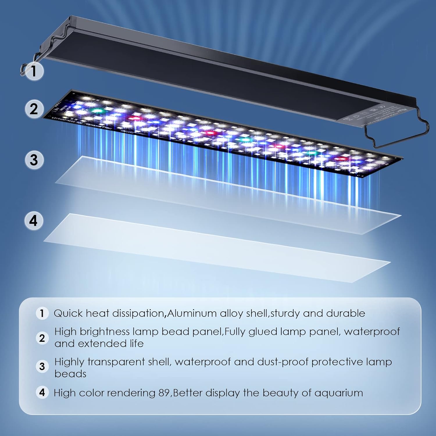 AQQA Luz de acuario, luz LED multifuncional para pecera, 247, encendido automático + modo nocturno + modo diurno + espectro completo + 7 colores,