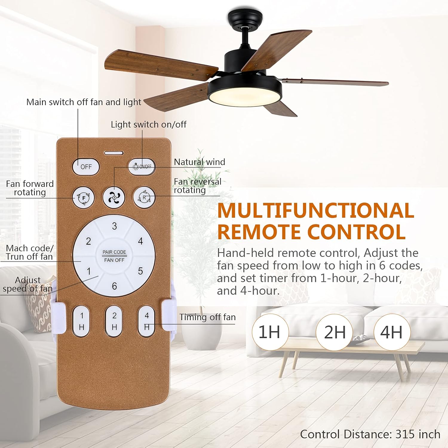 Simple Deluxe Ventiladores de techo de 44 pulgadas con luces y control remoto, ventiladores de techo para exteriores para patios con luz, ventilador