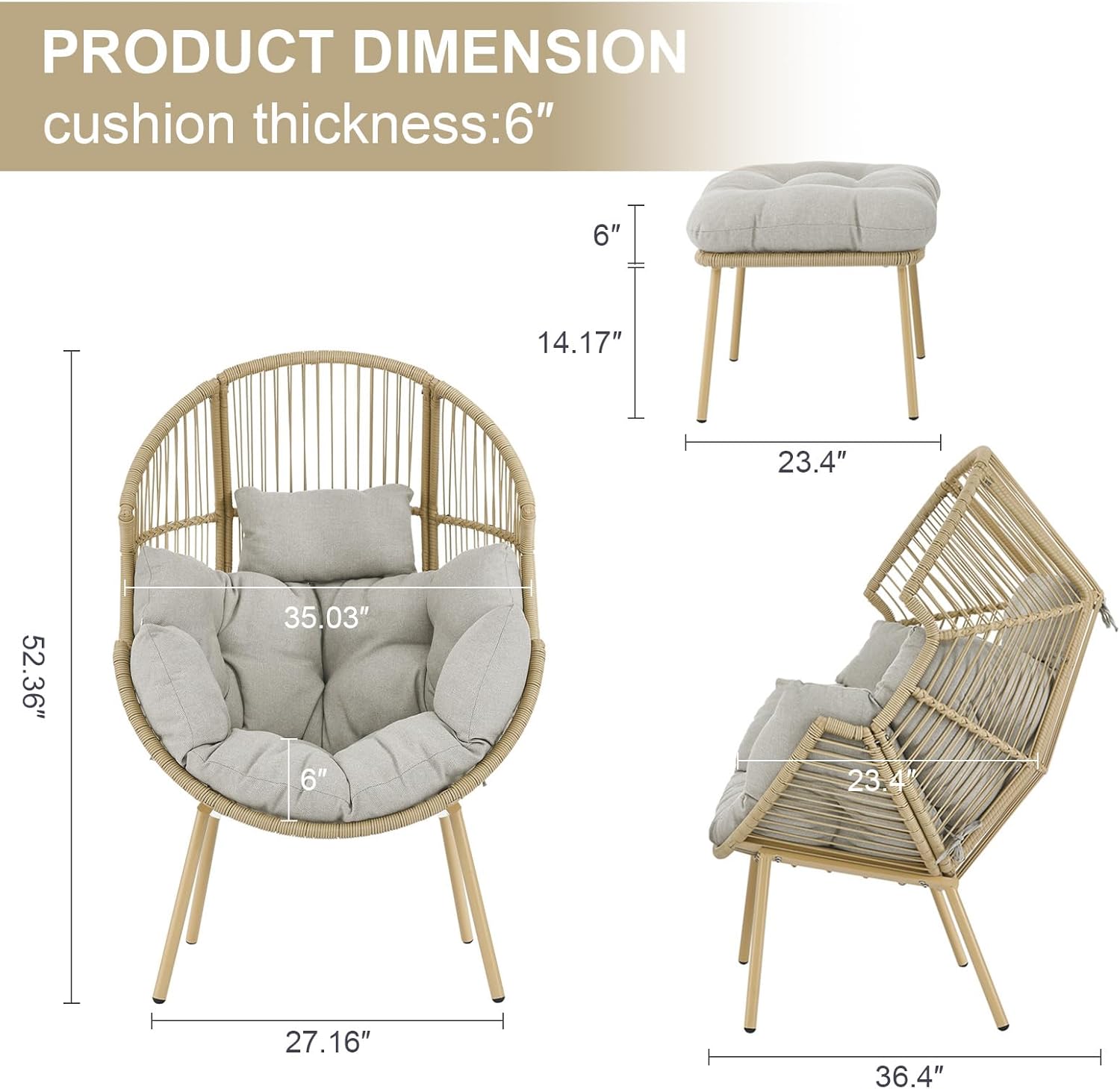 Belord Silla de mimbre con otomana, capacidad de 350 libras de capacidad, para interiores y exteriores, con forma de huevo, con soporte, cojín