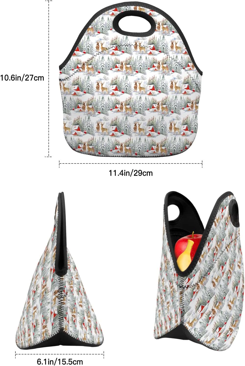Bolsa de almuerzo reutilizable de neopreno, con diseño de reno y pino de Navidad, suave y térmica, ligera, lavable, aislada, para mujereshombres,