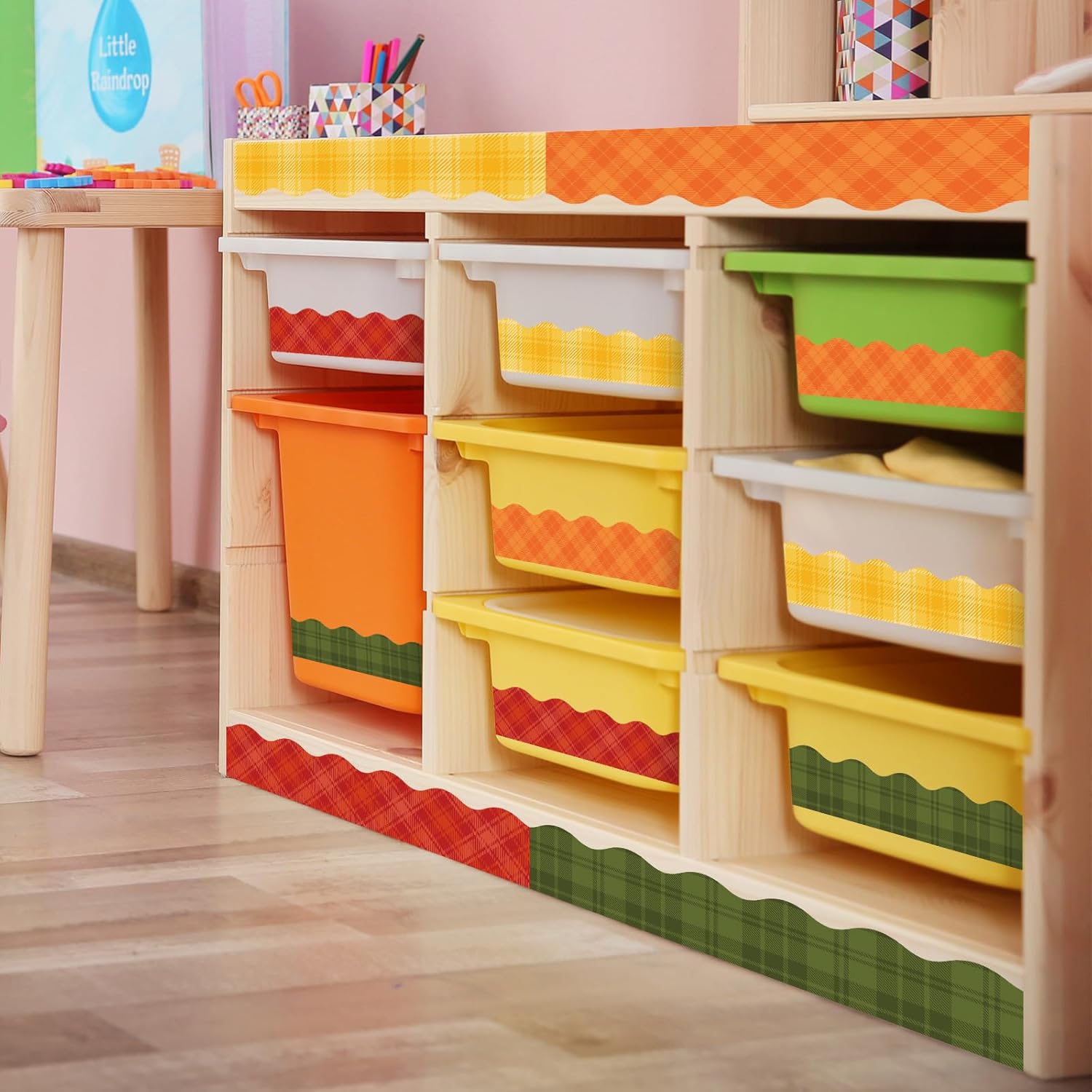 AnyDesign Tablero de anuncios a cuadros de otoño de 79 pies, con bordes autoadhesivos, naranja, verde, amarillo, rojo, borde a cuadros, borde de
