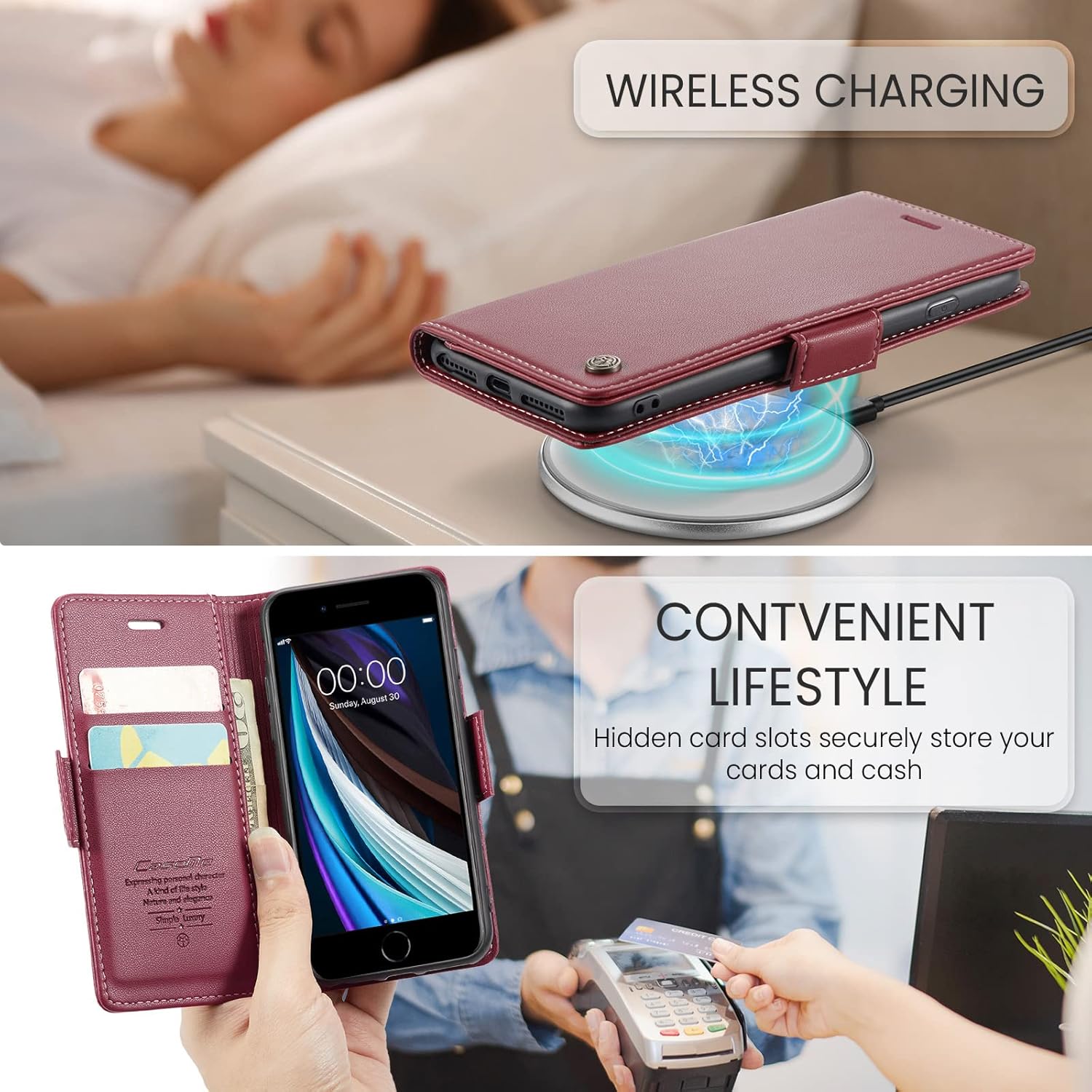 Funda compatible con iPhone 678SE 2020SE3 con soporte para tarjetas de bloqueo RFID, funda de piel con función atril para iPhone 678SE 2020SE 3 de