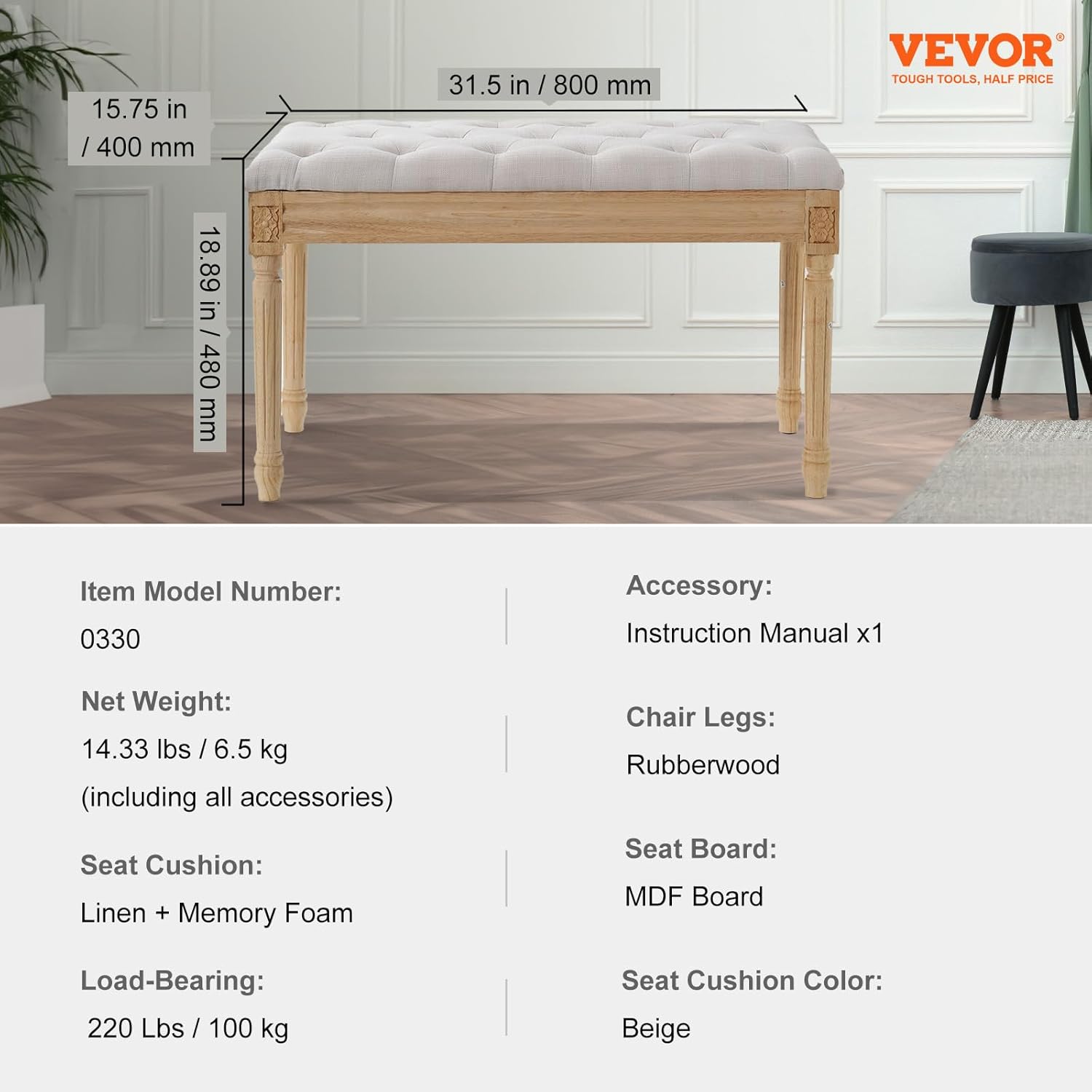 VEVOR Banco tapizado para el extremo de la cama, cojín acolchado de espuma de tocador y patas de madera de caucho, taburete reposapiés copetudo,
