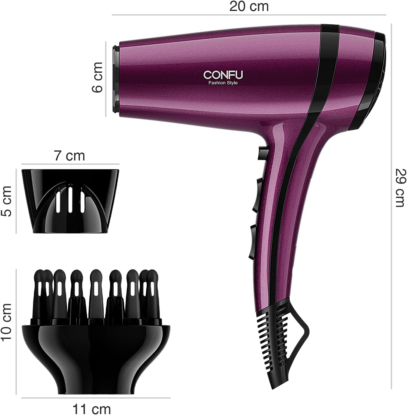 CONFU – Secador de pelo de 1875 W de secado rápido iónico de bajo ruido con 2 velocidades 3 de ajuste de calor frío, boquilla difusora, bolsa de