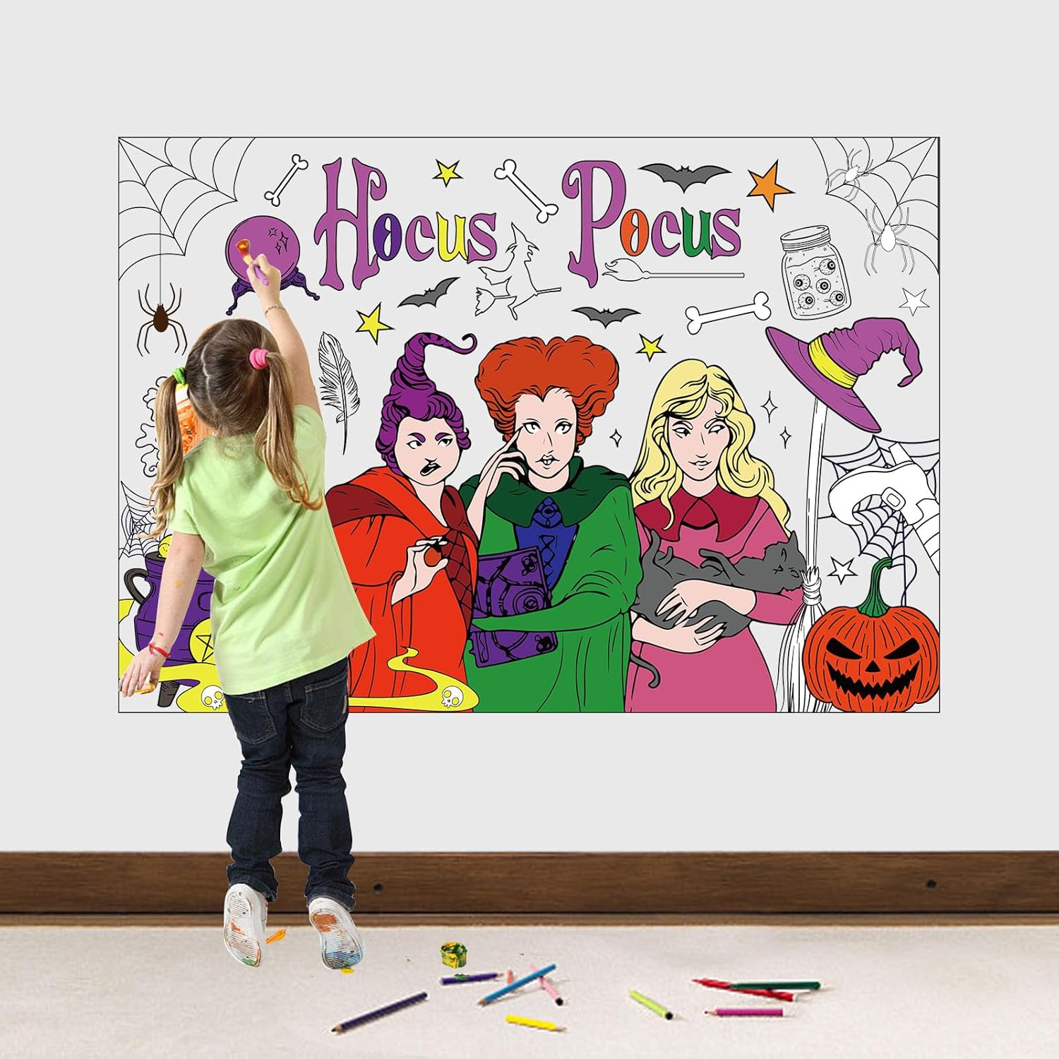 Hocus Pocus, recuerdos de fiesta de Halloween, libro para colorear de bruja, póster gigante para colorear, mantel grande para colorear, cubierta de