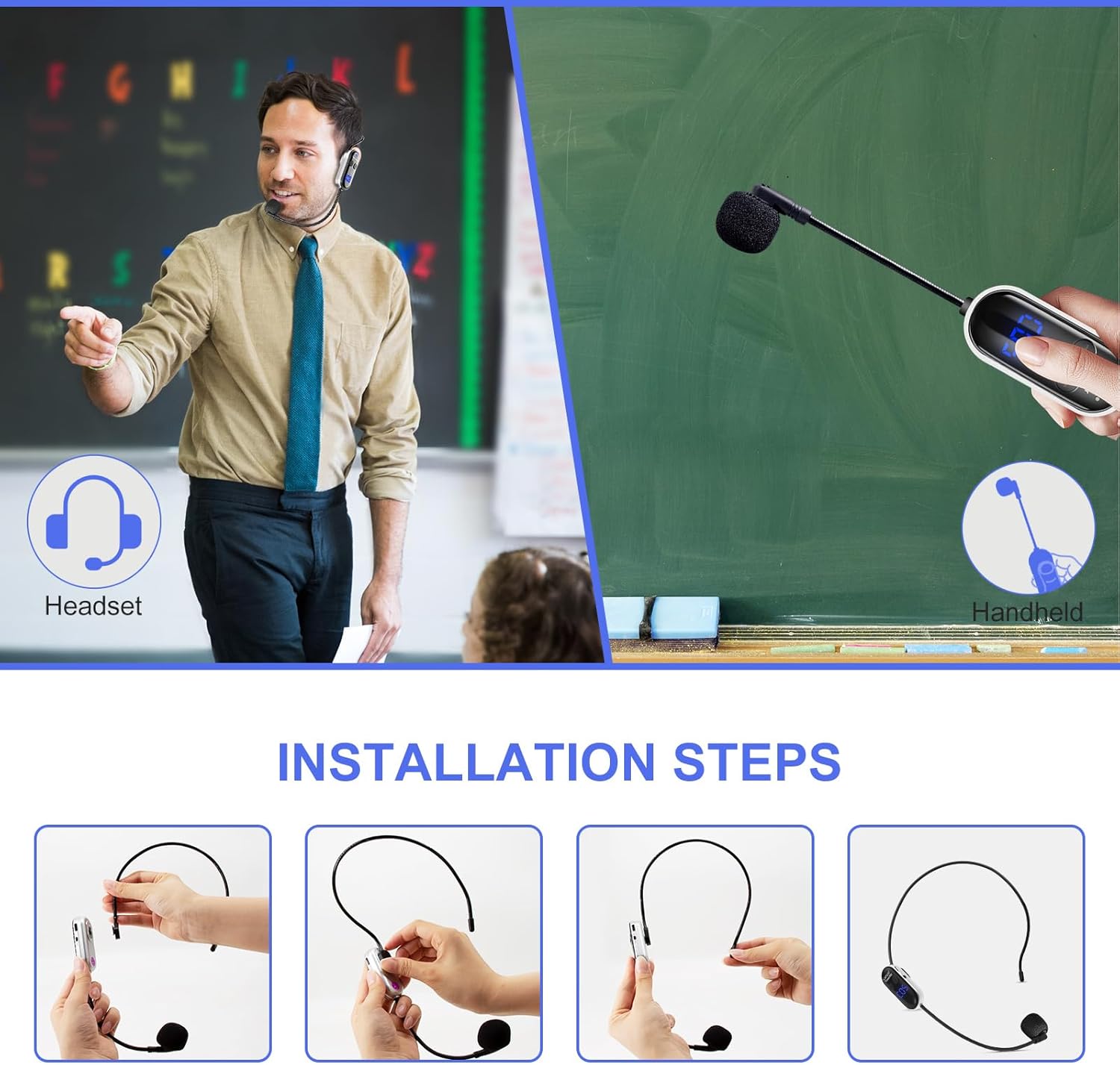 Sistema de micrófono inalámbrico UHF Auriculares con micrófono – Pantalla digital LED, micrófono de mano de cabeza 2 en 1, tiempo de trabajo 6H,
