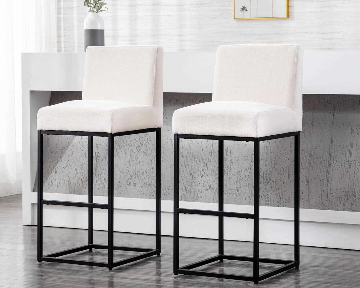 Taburetes de bar modernos de altura de mostrador, taburetes de isla de cocina tapizados de lino con respaldo, taburetes de bar de 31 pulgadas con
