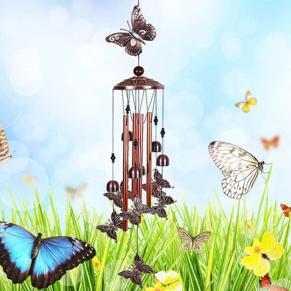 Campanillas de viento de mariposa para decoración al aire libre, con 4 tubos, 6 campanas, 7 mariposas de 36 pulgadas, impermeables, móviles,