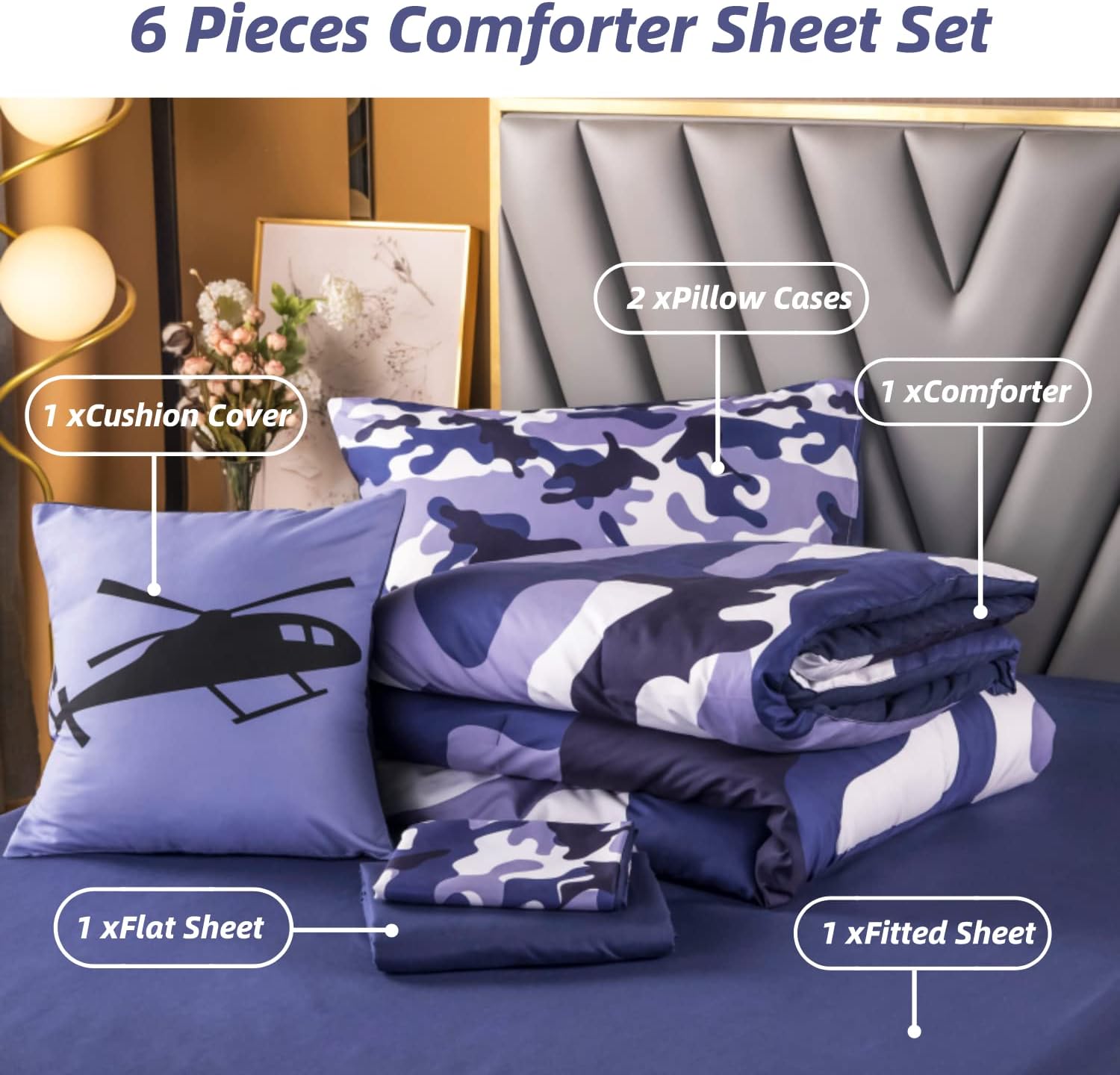 PERFEMET Juego de edredón de 6 piezas de camuflaje azul, cama individual en una bolsa, juegos de ropa de cama de camuflaje militar de granja con