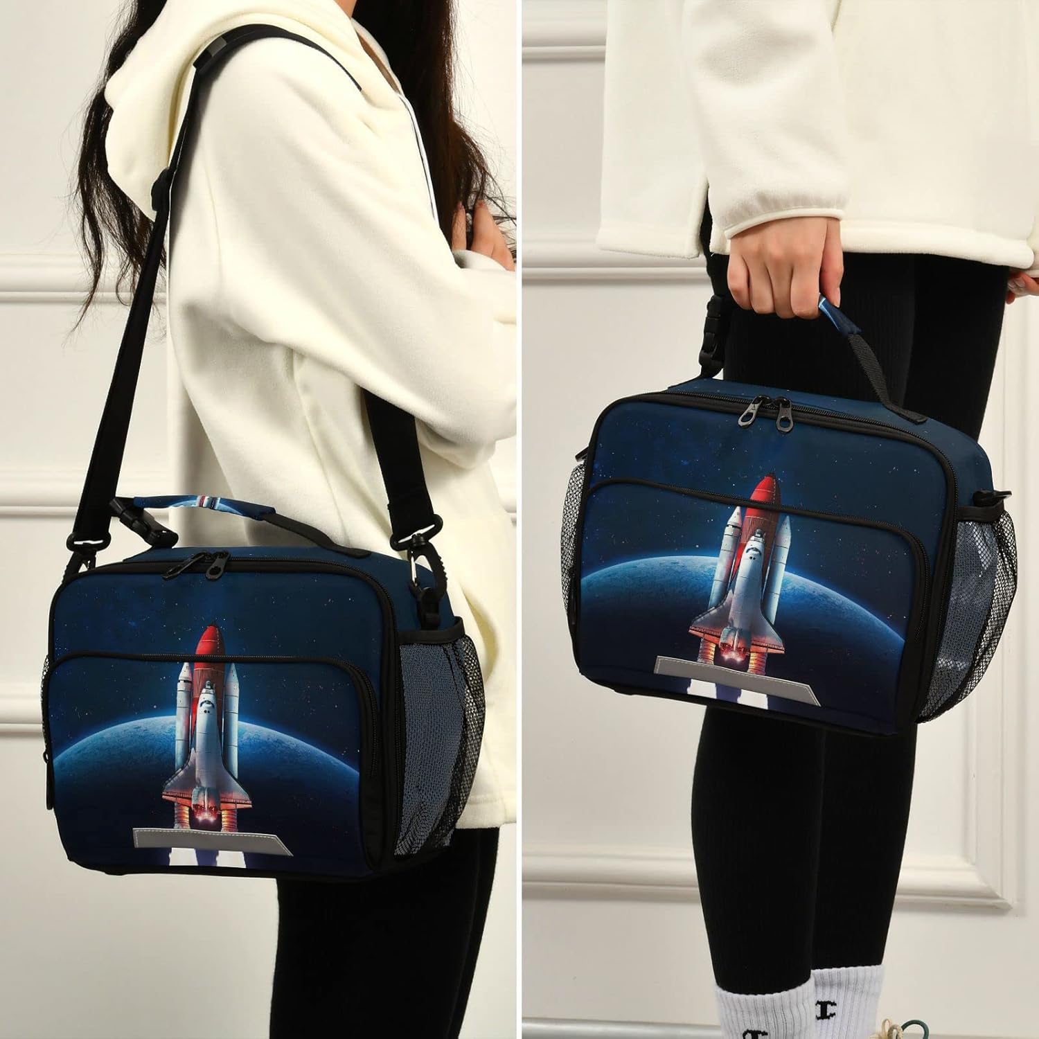 KFBE Space Rocket – Lonchera infantil aislada de la NASA, bolsa de mano con correa extraíble para el hombro para niños y niñas estudiantes