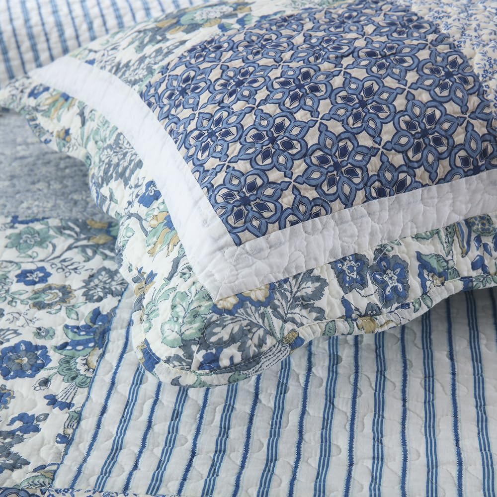 Juego de ropa de cama de algodón de 3 piezas, reversible, juego de colcha reversible vintage floral de retazos azules, tamaño Queen