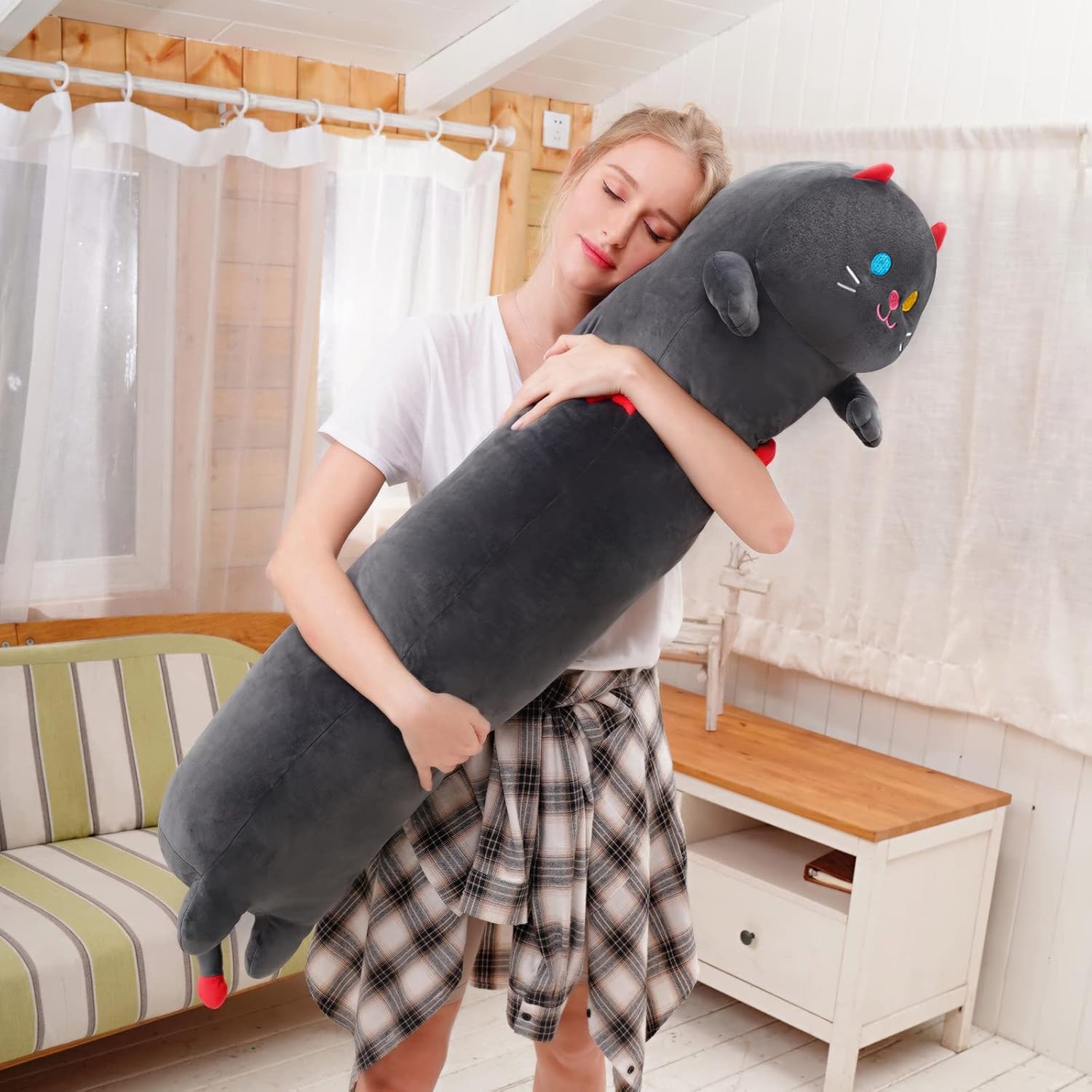 Almohada larga de felpa con forma de gato, 36 pulgadas, lindo gato negro de peluche kawaii, peluche suave, almohada de peluche de gatito, juguete de