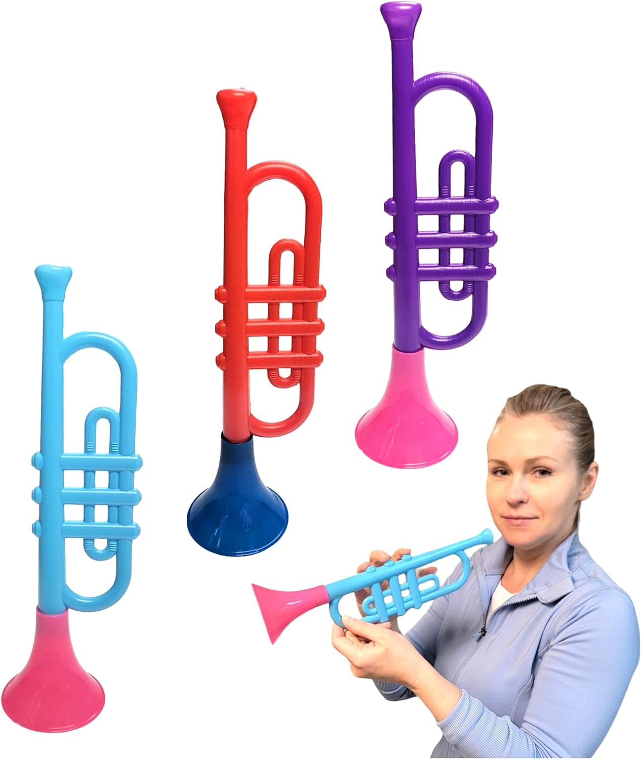 Trompetas de plástico coloridas (13 pulgadas), juguetes musicales ruidosos para niños, instrumentos para fiestas y eventos, regalos geniales de