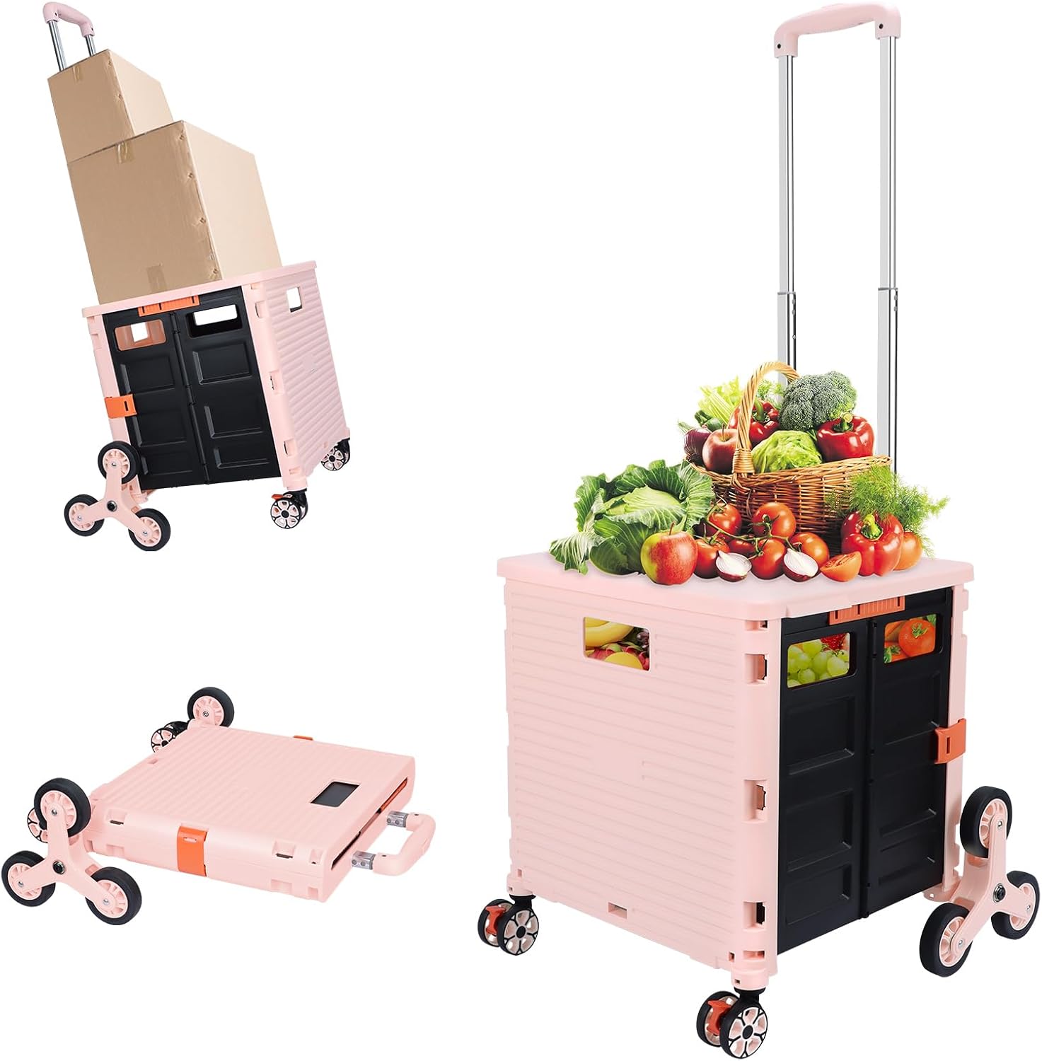FELICON SELORSS – Carrito plegable portátil con ruedas para subir escaleras y ruedas giratorias de 360, mango telescópico, caja de plástico para
